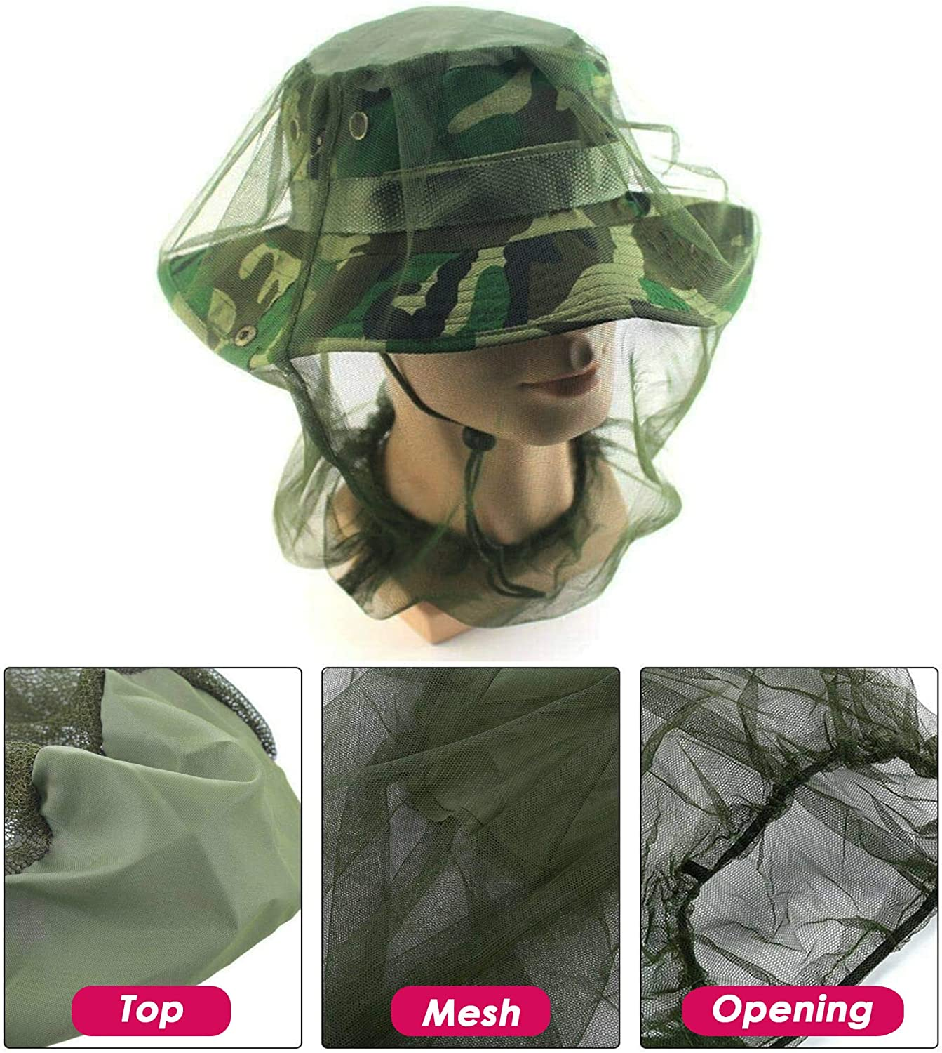 3 Pack Mosquito Prevention Head & Face Covering Mesh, Lightweight Cover Nets for Kids Adults, Outdoor Activities Elastic Band Opening Netting Protect from Insects (Hat Not Included) (Olive Green) - Olive Green image number 3