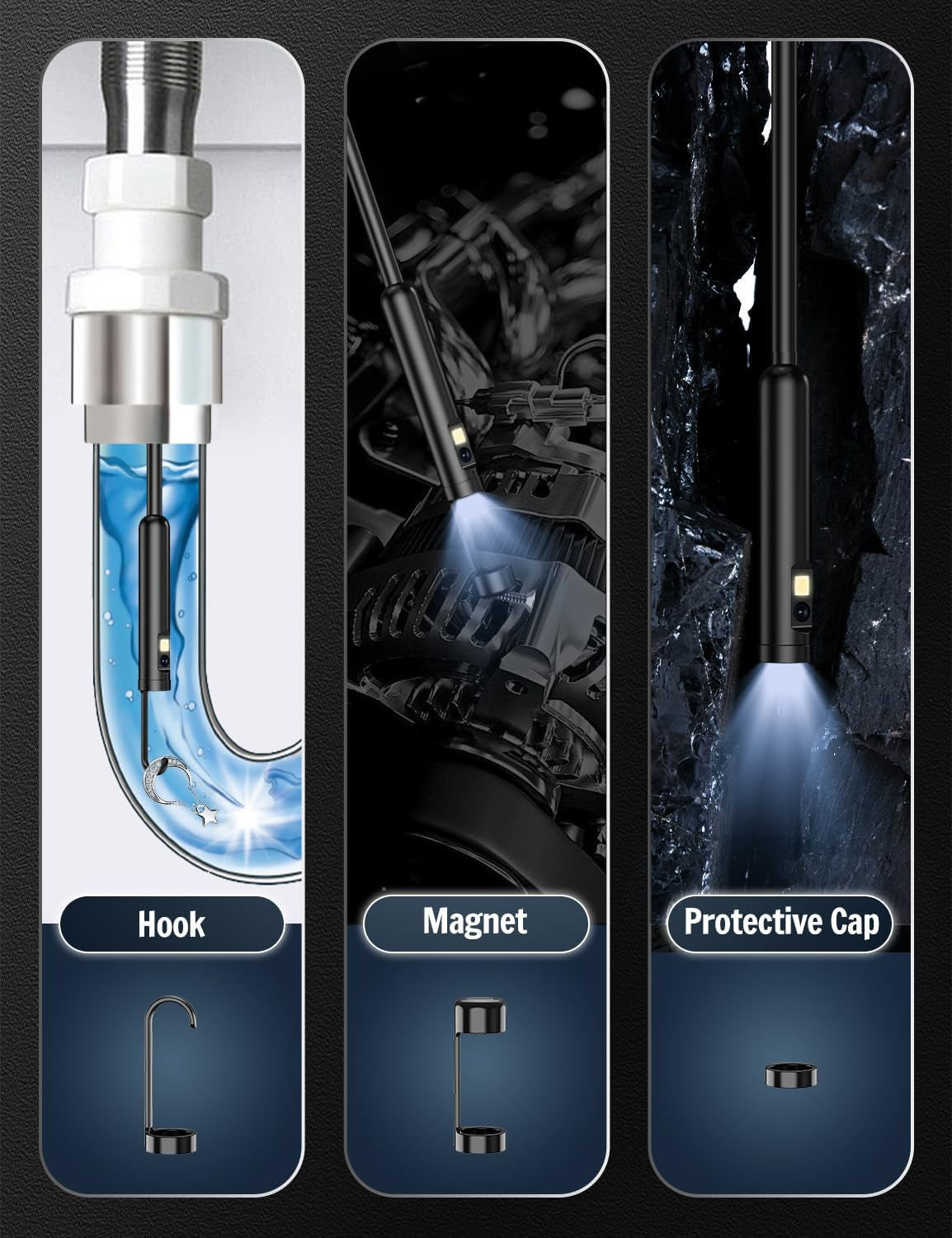 Dual-Lens Endoscope Inspection Camera, 1920P HD Ferdiiz Borescope Camera, 16.4Ft Semi-Rigid Snake Cable, 8 Adjustable Leds, IP67 Waterproof Drain Pipe Endoscope Cool Gadgets Tool for Ios9+ Android 6+ image number 1