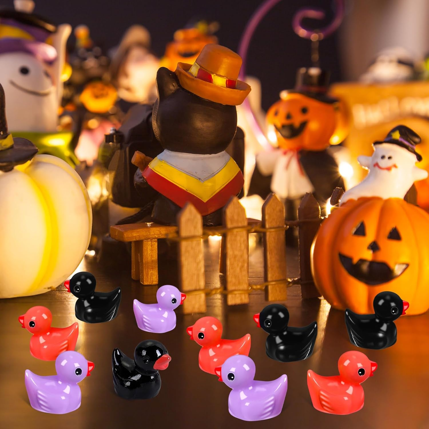 Rotatingpals 150 Pcs Halloween Mini Ducks Tiny Duck Orange Purple and Black Mini Resin Ducks for Halloween Party Toys Aquarium Potted Ornament Charms DIY Craft Accessories (Halloween Color) image number 1