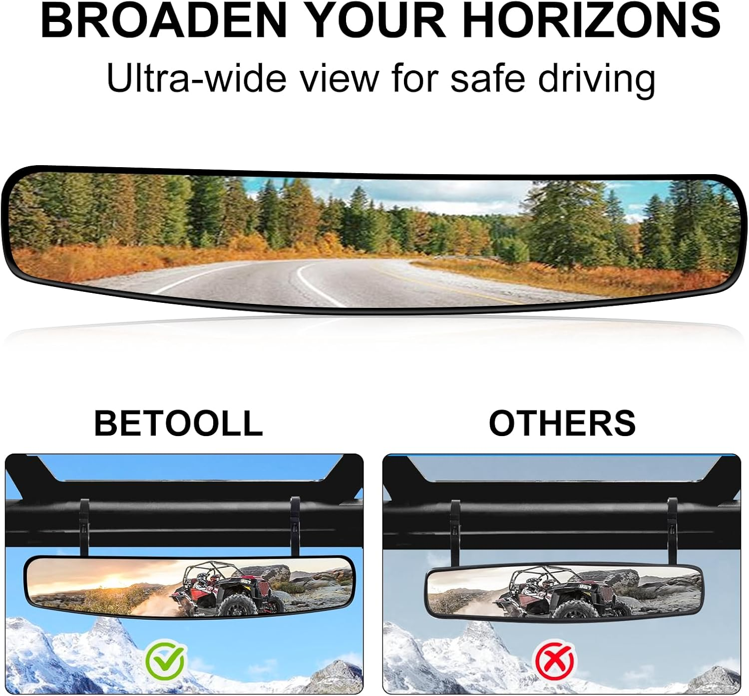 BETOOLL 16.5" Wide Rear View Race Mirror Convex Mirror with 1.75"-2&rdquo; Clamp for UTV Compatible with Yamaha,Polaris,Kawasaki MULE image number 5