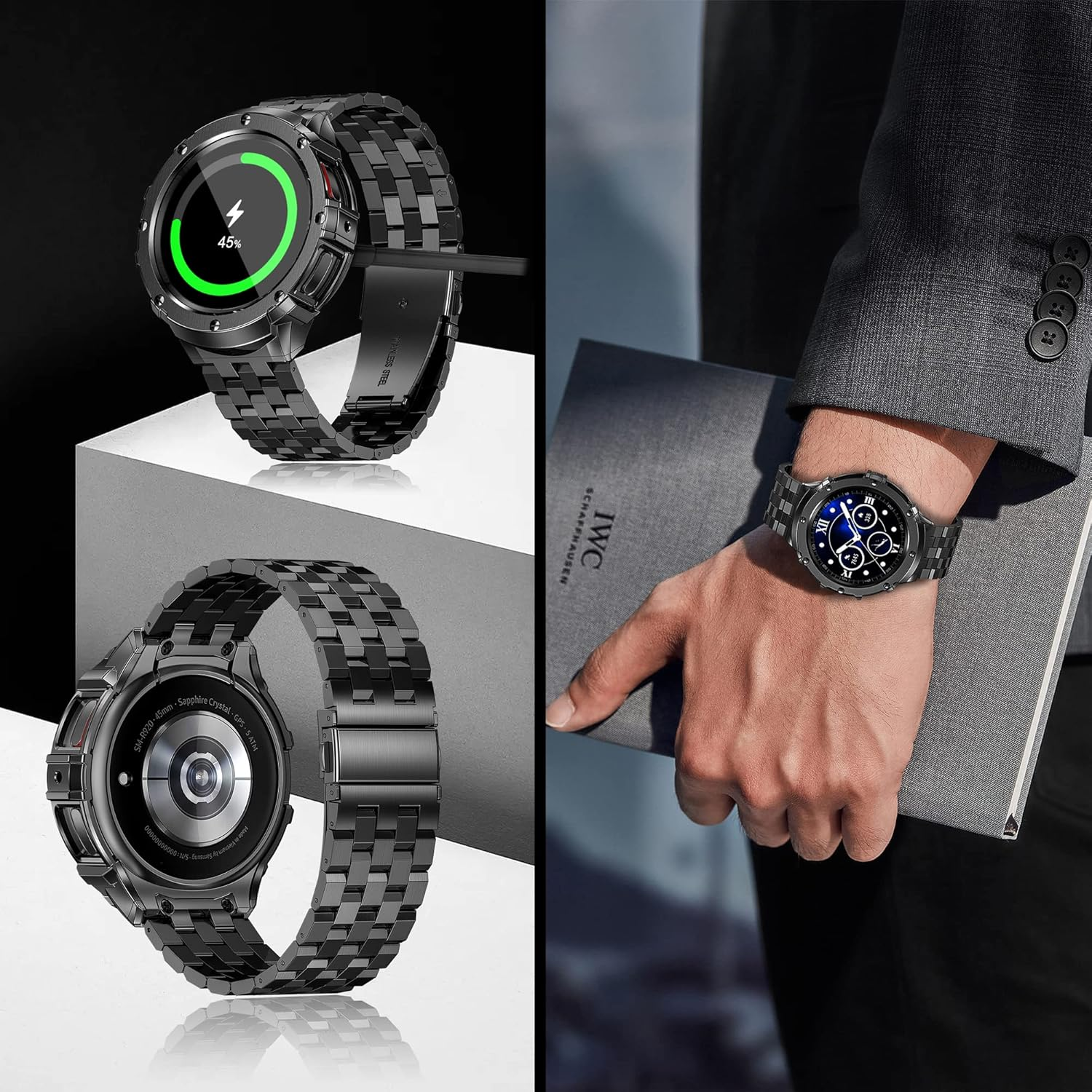 Amznew Stainless Steel Galaxy Watch 5 Pro Band with Case Compatible with Samsung Watch 5 Pro 45Mm, Rugged Metal Watch Band with Protective Bumper Cover Replacement Strap for Men 2022 image number 4