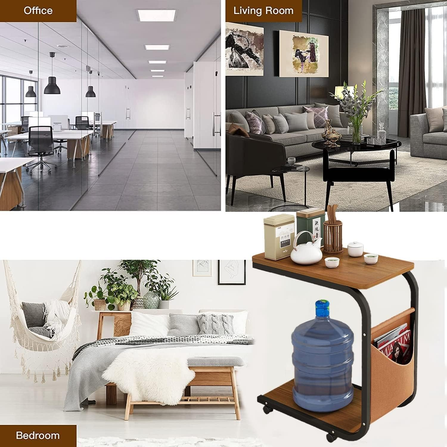 Snack Side Table, Rustic C Shaped End Desk with Metal Frame, Sturdy Couch Table for Laptop, Small Snack Tables for Living Room, Bedroom image number 3