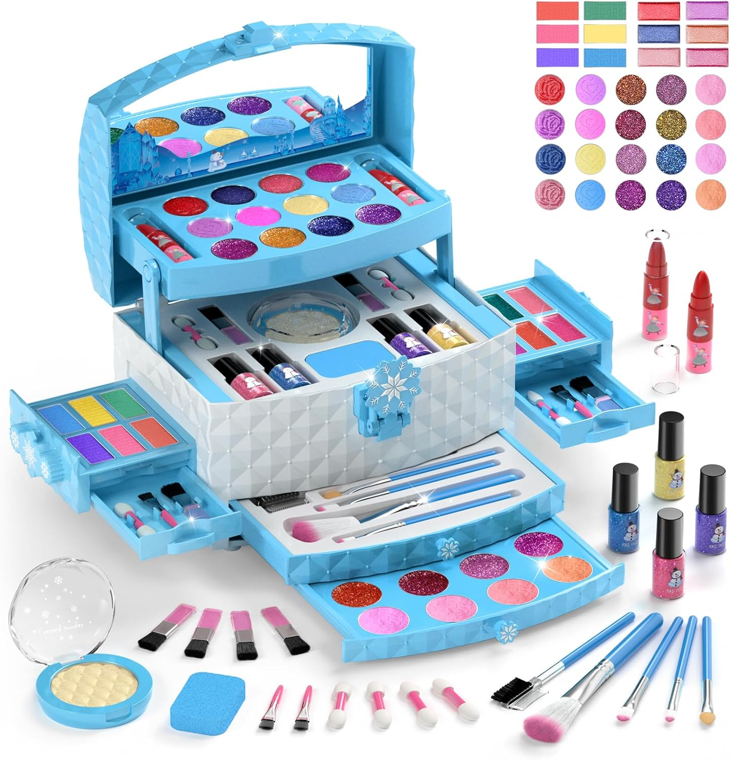 PERRYHOME Kids Makeup Set for Girl 56 Pcs Washable Real Cosmetic, Safe & Non-Toxic Frozen Toys Toddler Makeup Kit, Frozen Princess Dress up Game Christmas & Birthday Girl 3-12