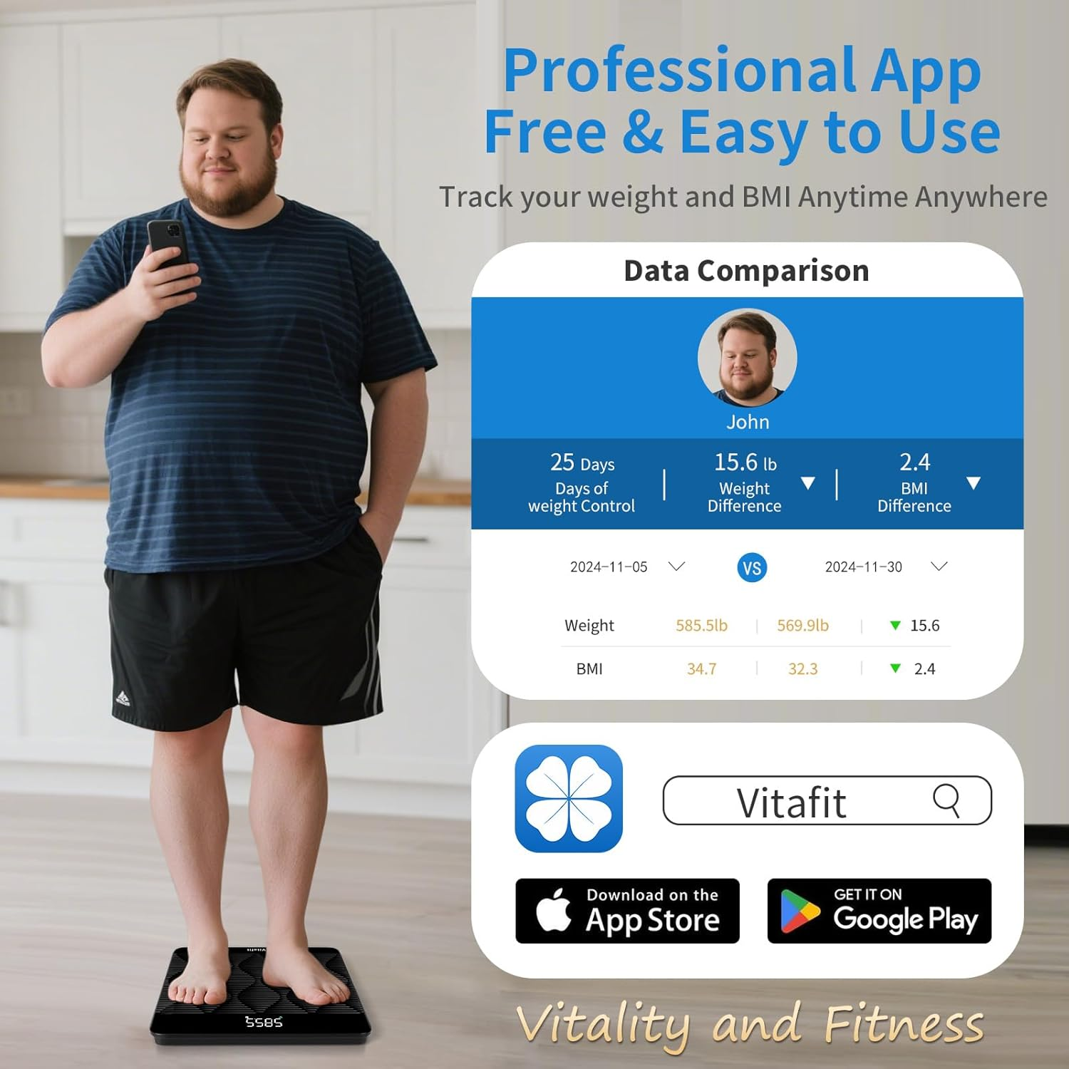 Vitafit Amazing 300Kg Smart Bathroom Scales in 0.05Kg, High Accuracy Assured by Digital Scale Professional Factory since 2001, Large Platform with 8Mm Non-Slip Tempered Glass, LED, Black image number 4