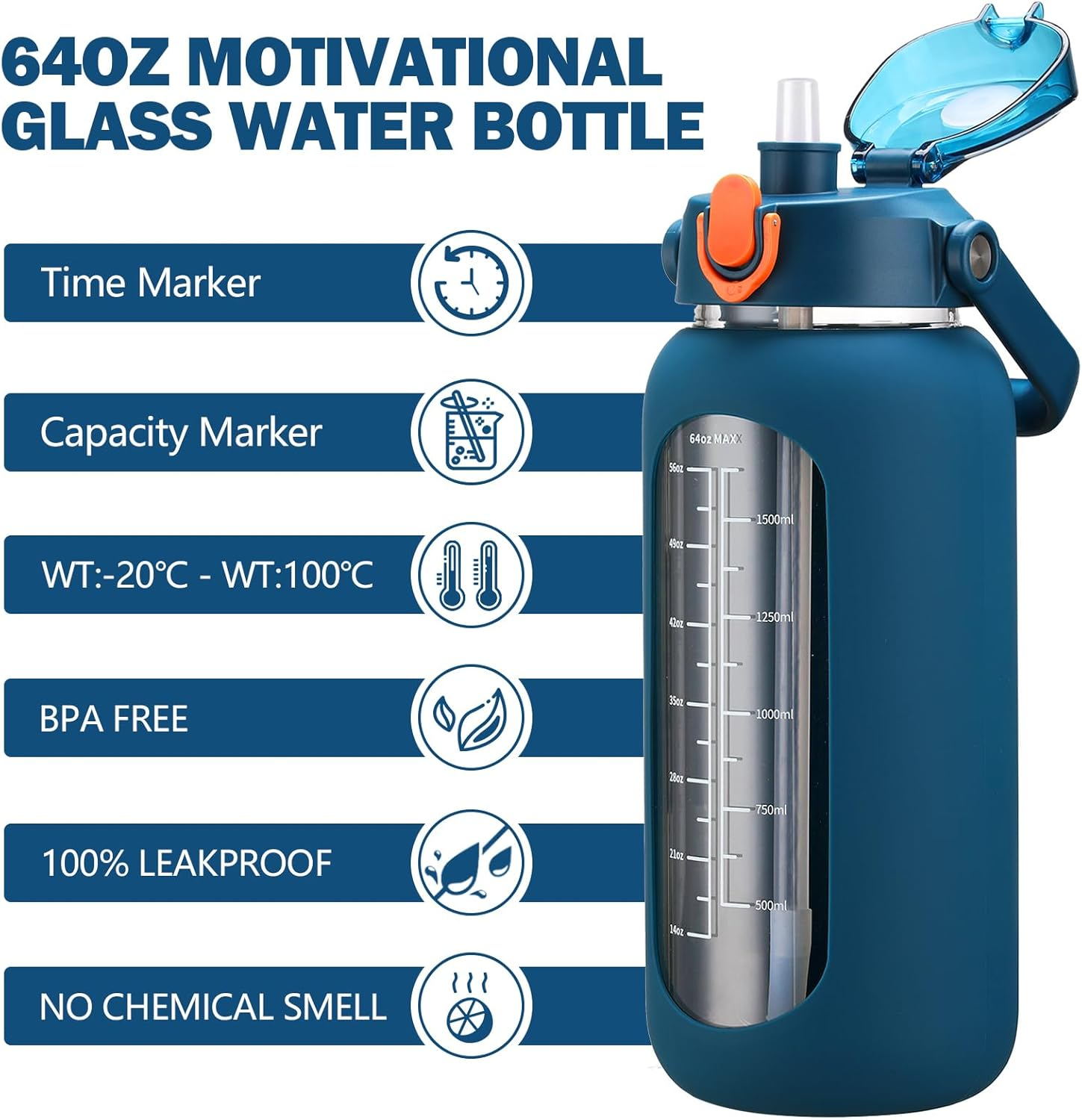 Kytffu 64Oz Glass Water Bottles with Straw, Half Gallon Motivational Glass Bottle with Silicone Sleeve and Time Marker, 2L Leakproof Large Glass Water Jug for Gym Home Office,Blue - 84 Ounces, Black image number 2