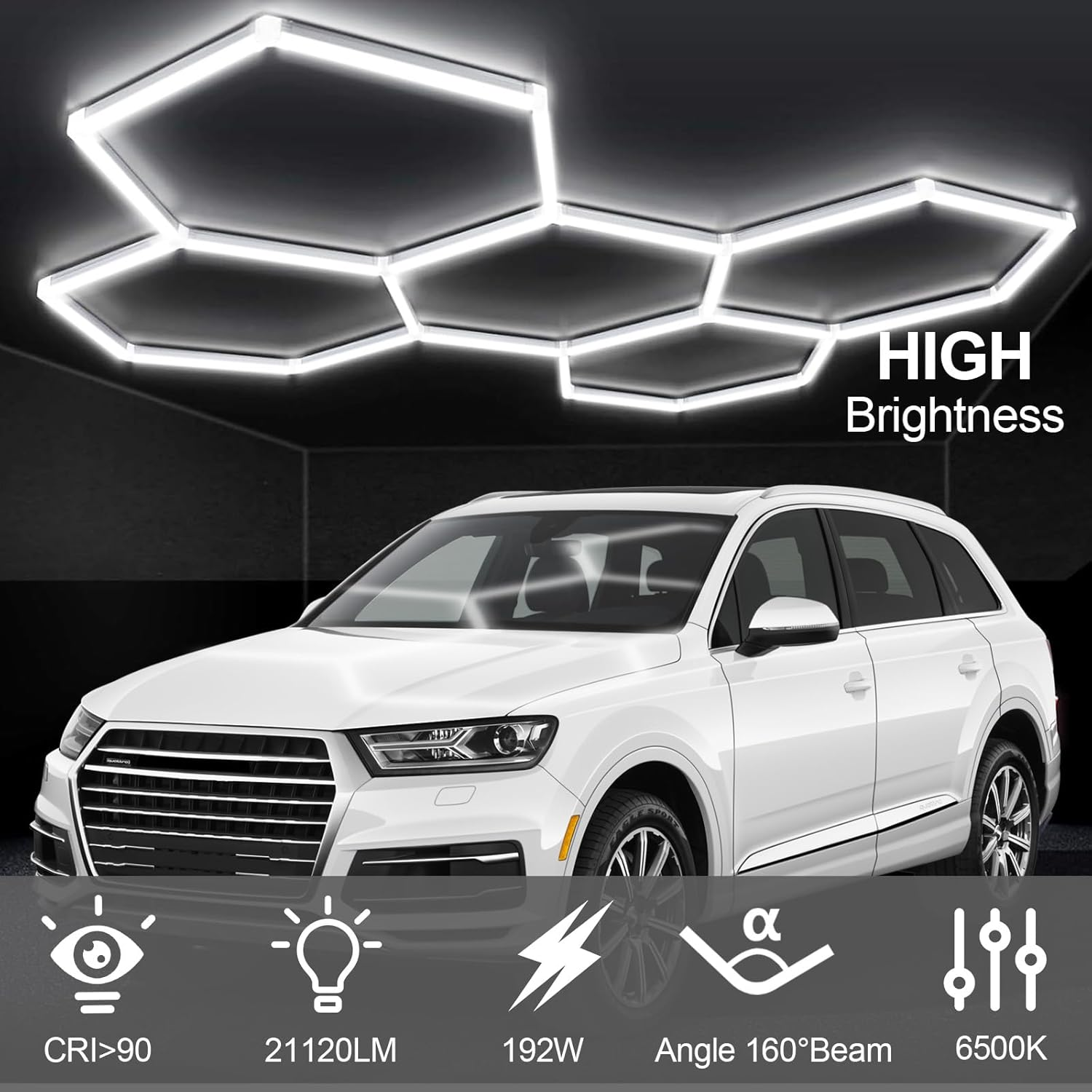DIKHEE Hexagon LED Garage Light 192W Super Bright Car Detailing Ceiling LED Shop Light for Warehouse Workshop Gym Basement Car Care Wash Room(5Hex) image number 2