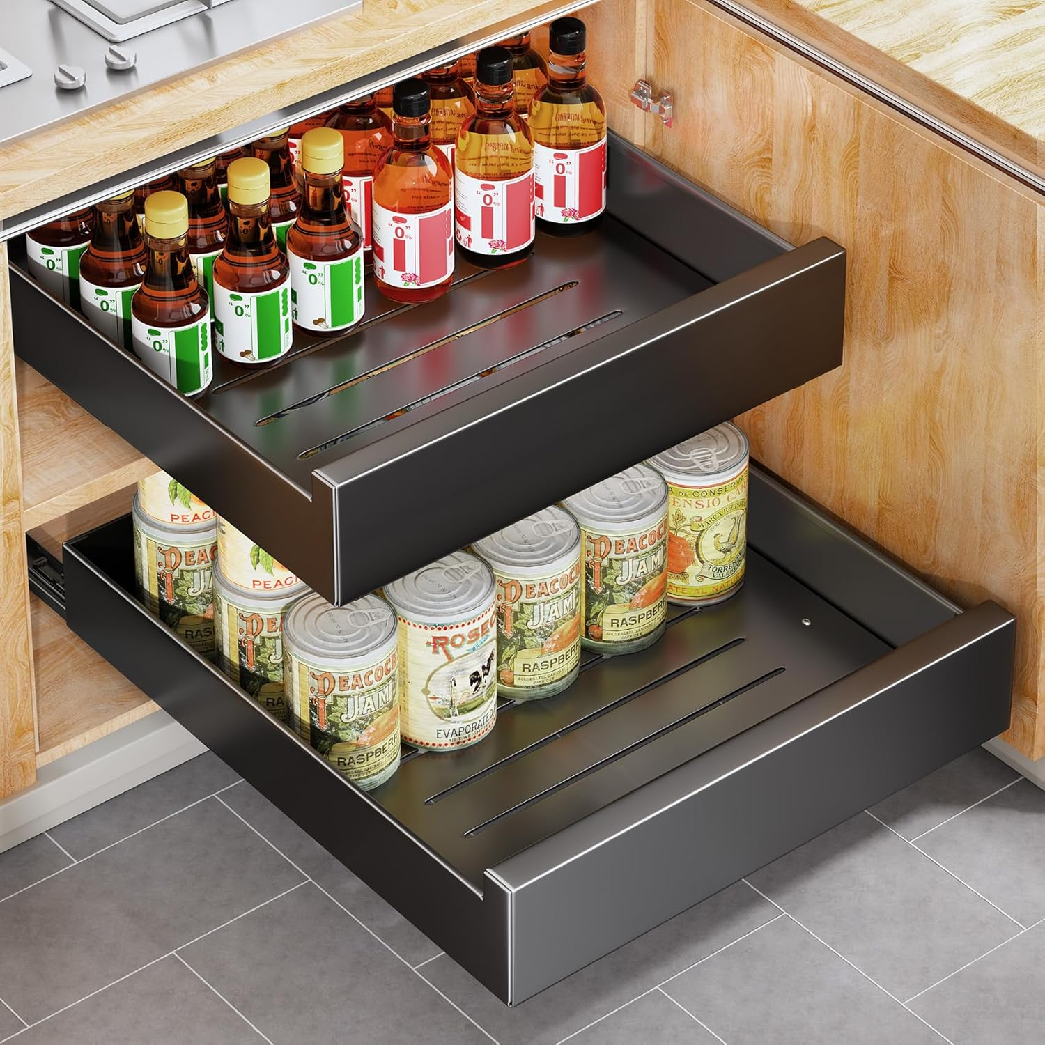 Kitstorack Pull Out Cabinet Organizer Fixed with Adhesive Nano Film,Heavy Duty Storage and Organization Slide Out Pantry Shelves Sliding Drawer Pantry Shelf for Kitchen 16.9''D X 9.8''W X 3.1''H
