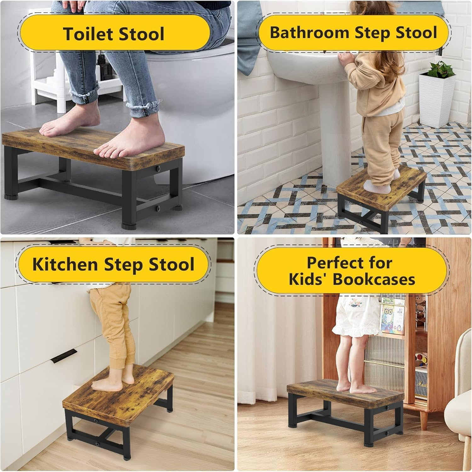 Wooden Foot One Step Stool Adult Elderly Senior Kid Toddler High Bedside Kitchen Bathroom Dorm Small Portable Chair Outdoor Modern Wide Bench Little Toilet Bathtub Metal Stair Helper Heavy Duty 6 Inch - Brown image number 4