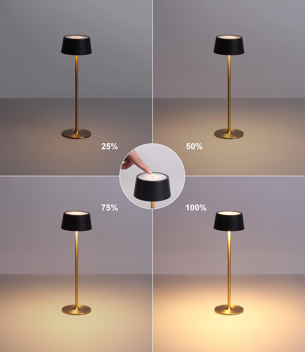 DAWALIGHT Cordless Table Lamp 4000Mah Rechargeable Battery Operated Lamp LED Desk Lamp Stepless Dimming Black and Gold Metal Table Light 2700K Gold Base image number 6