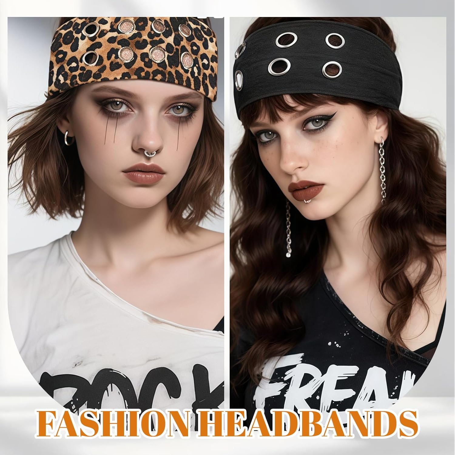 Vesavifaka 3 PCS Fashion Grommet Wide Headbands for Women, Hollow Out Eyelets Elastic Head Bands, Y2K Girls Punk Grunge Stretchy Hair Accessory (Black, Snakeskin, Leopard, 3.9" Wide) image number 1