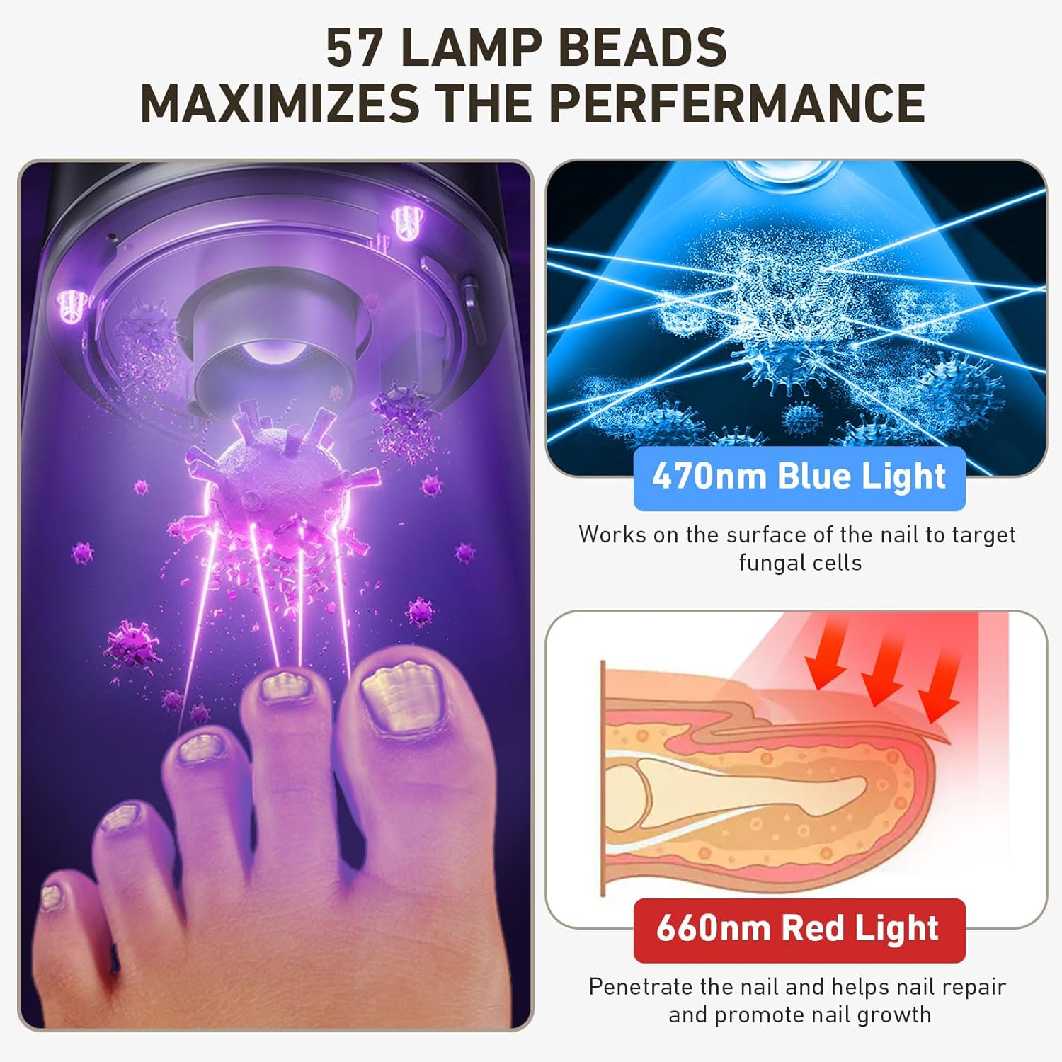 Ikeener Nail Fungus Treatment Device for Multiple Toenail, 15*470Nm Blue Light & 42*650Nm Red Light Fungal Nail Treatment Device with Adjustable Time, Natural Antifungal Laser Nail Treatment at Home image number 5