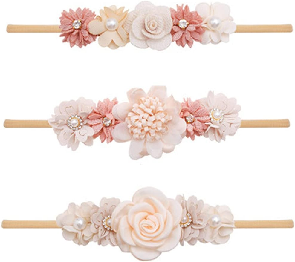 FGSS Floral-Headbands Flower-Crown for Baby Girls Elastic Nylon Hairbands for Newborn Infant Toddler Hair Accessories Pack of 3 image number 1