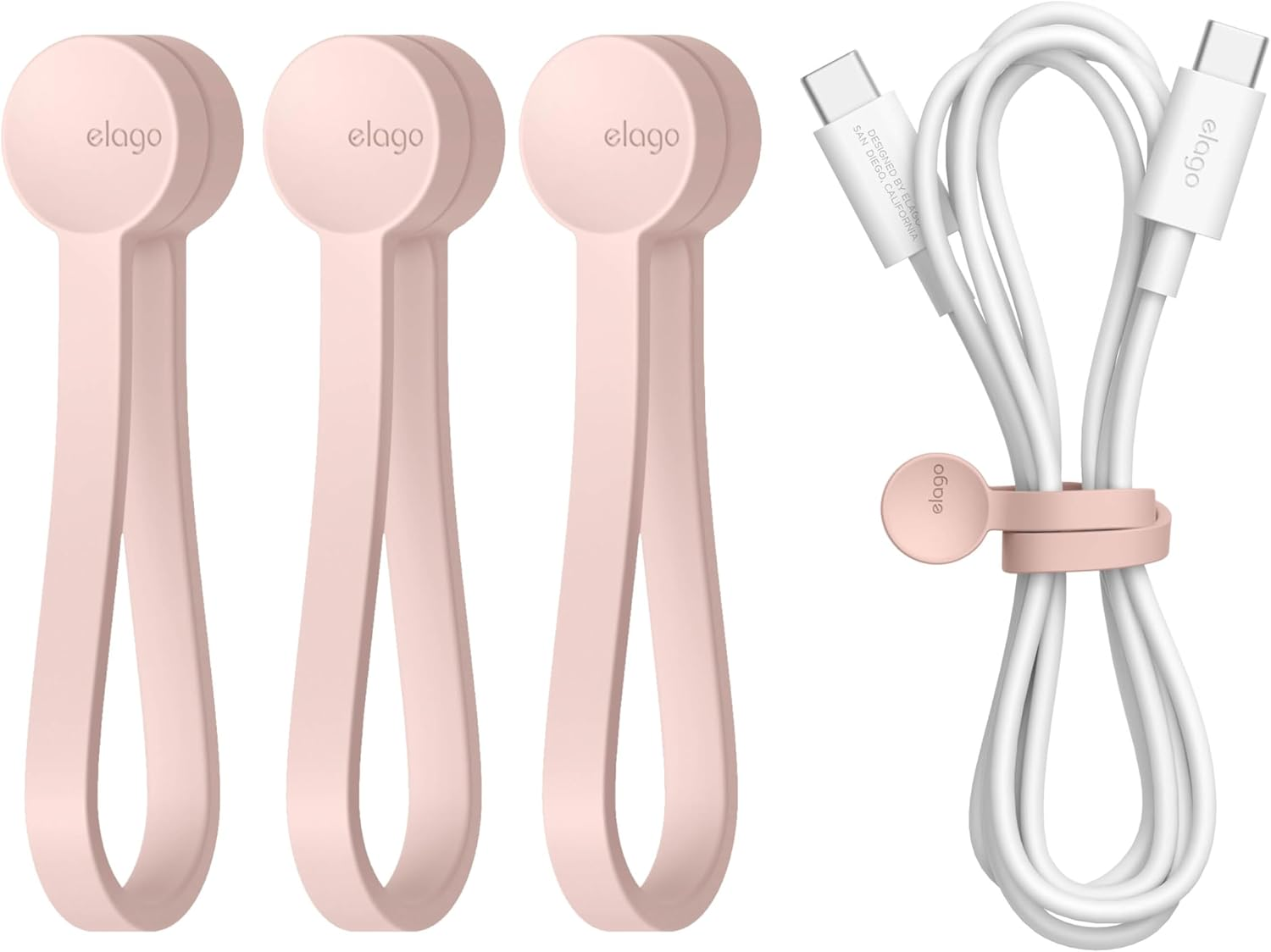 Elago Reusable Magnetic Cable Ties, Premium Silicone, Multipurpose Cord Organiser for Home, Kitchen, Office, Travel [3 Pack] (Stone)