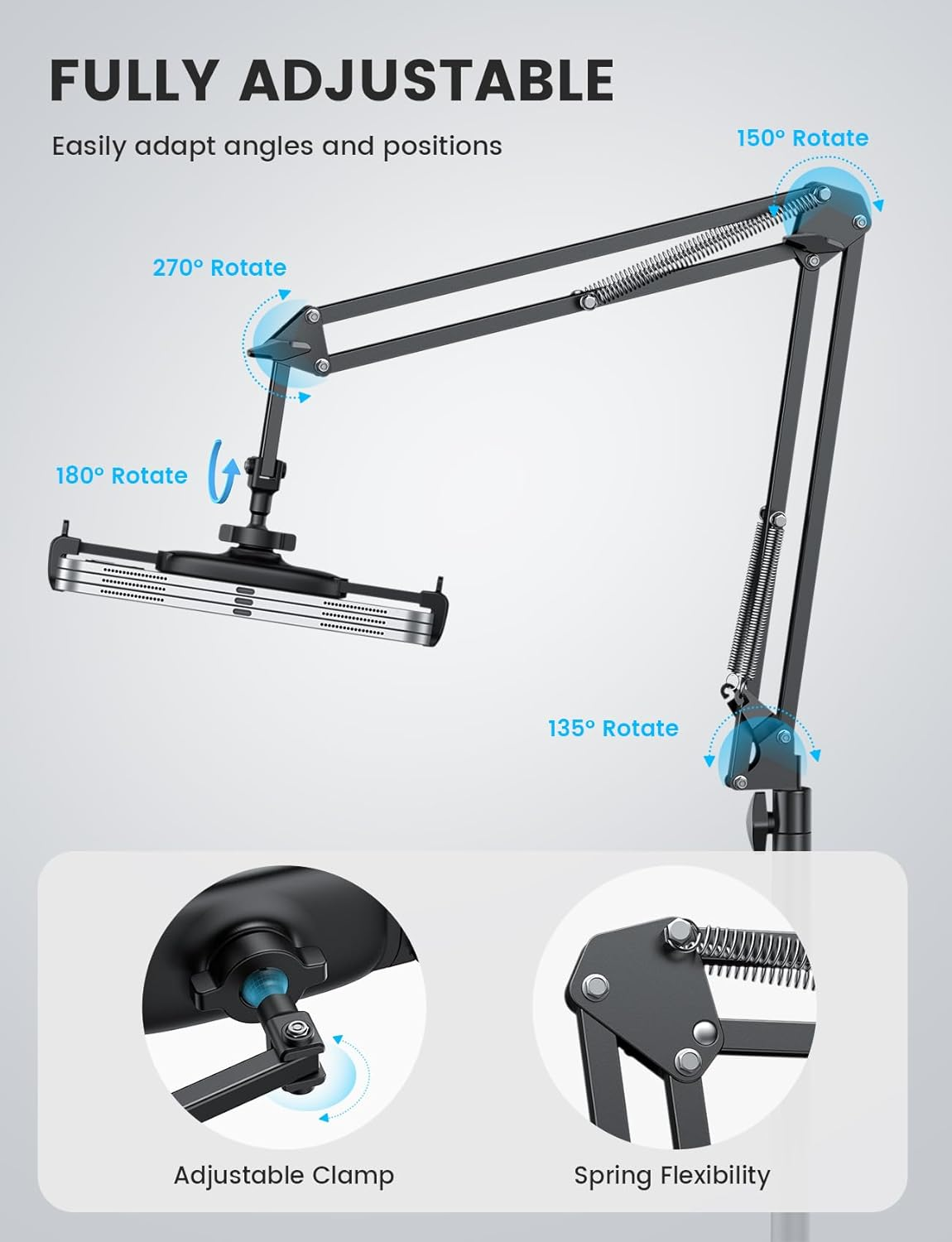 Floor Tablet Stand Phone Holder - Lamicall [55" Height Adjustable][ Flexible Arm] Multi Angle Tablet Holder, 5Lb Weighted Base Bed Mount for 4.7-13" Devices, Ipad Pro Air Mini, Kindle, Tabs, E-Readers image number 6