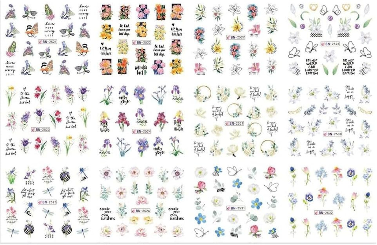 Water Transfer Nail Decals for Nail Art, Floral Flower and Butterfly Stickers for DIY Manicure - 12 Sheets with Vibrant Spring Designs - Ermaoo image number 1