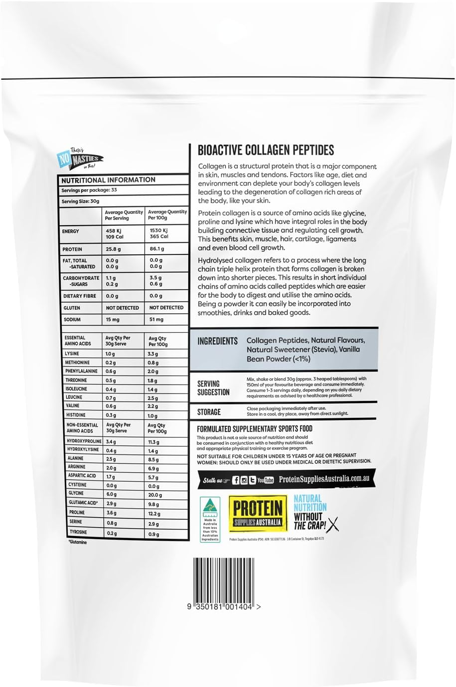 Protein Supplies Australia Collagen Peptides 1Kg - Vanilla image number 1