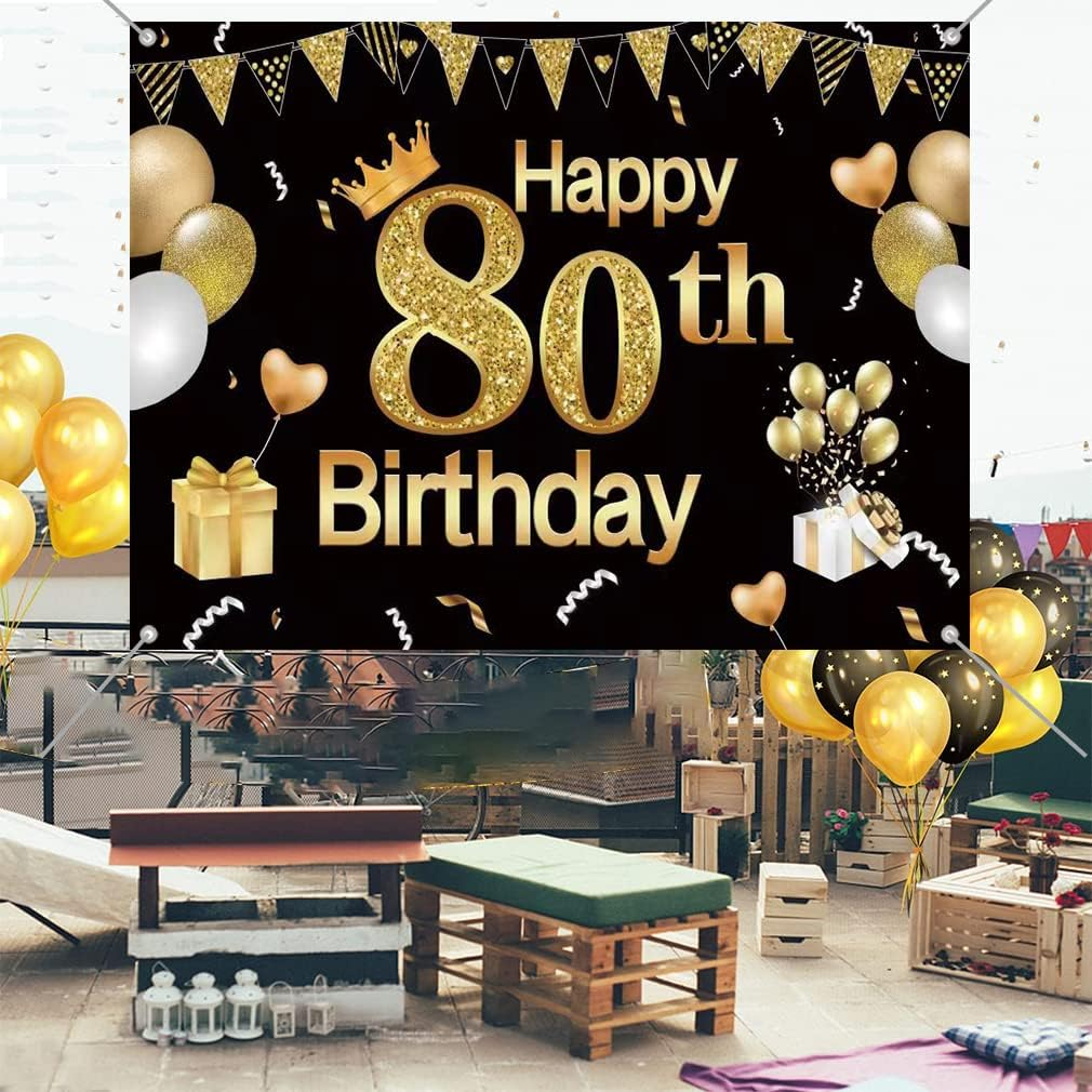 Tecreo 80Th Birthday Decorations Happy 80Th Birthday Backdrop Black Vinyl 150Cm X 90Cm image number 1