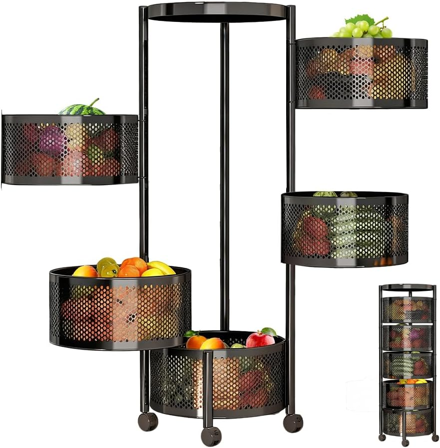 ALSTON 5 Layer Rotating Storage Trolley Kitchen Rolling Tiered Rack Stacking Organizer with 360 Swivel Lockable Wheels for Storing Fruit Vegetable Black image number 2