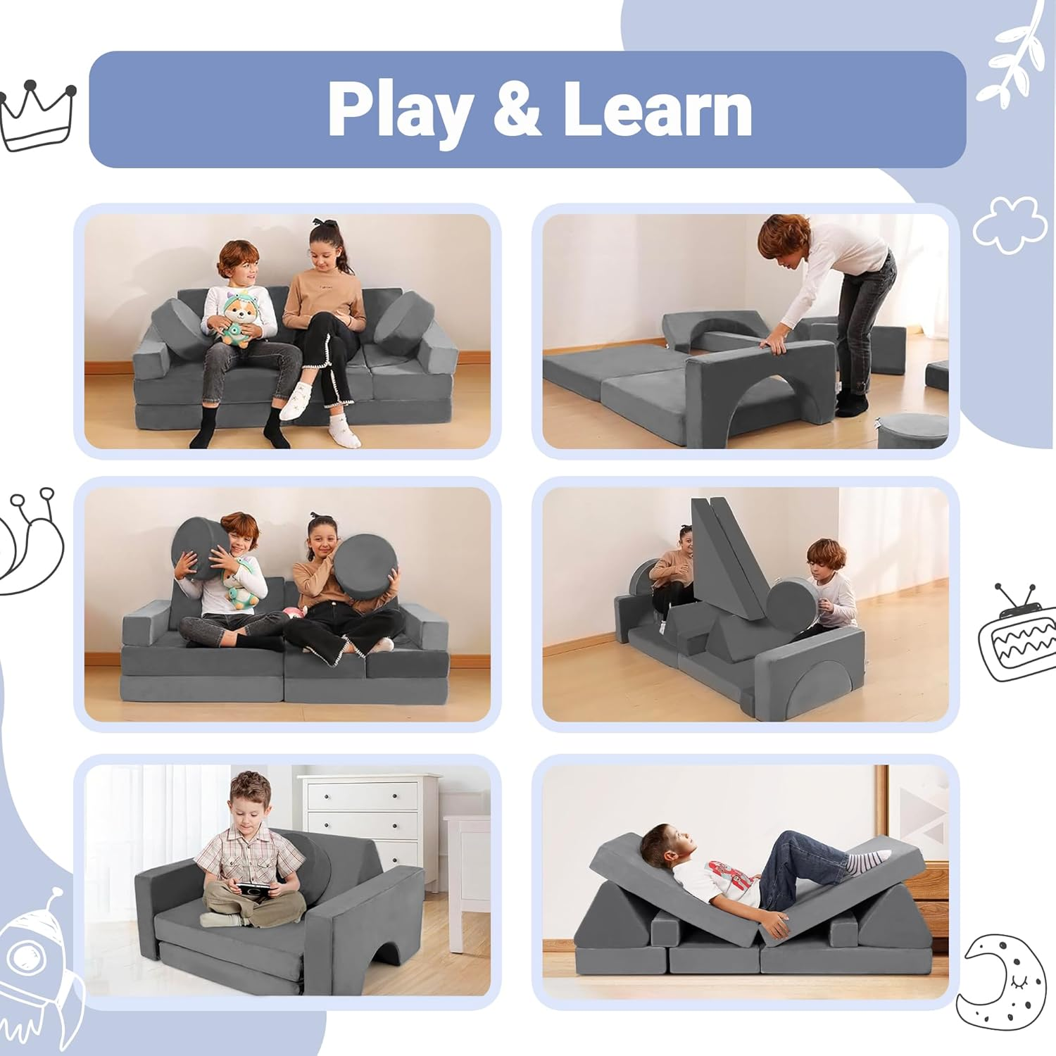 Tubby Modular Kids Play Couch 14 Pcs Toddler Baby Kids Sofa Couch DIY Furniture image number 6