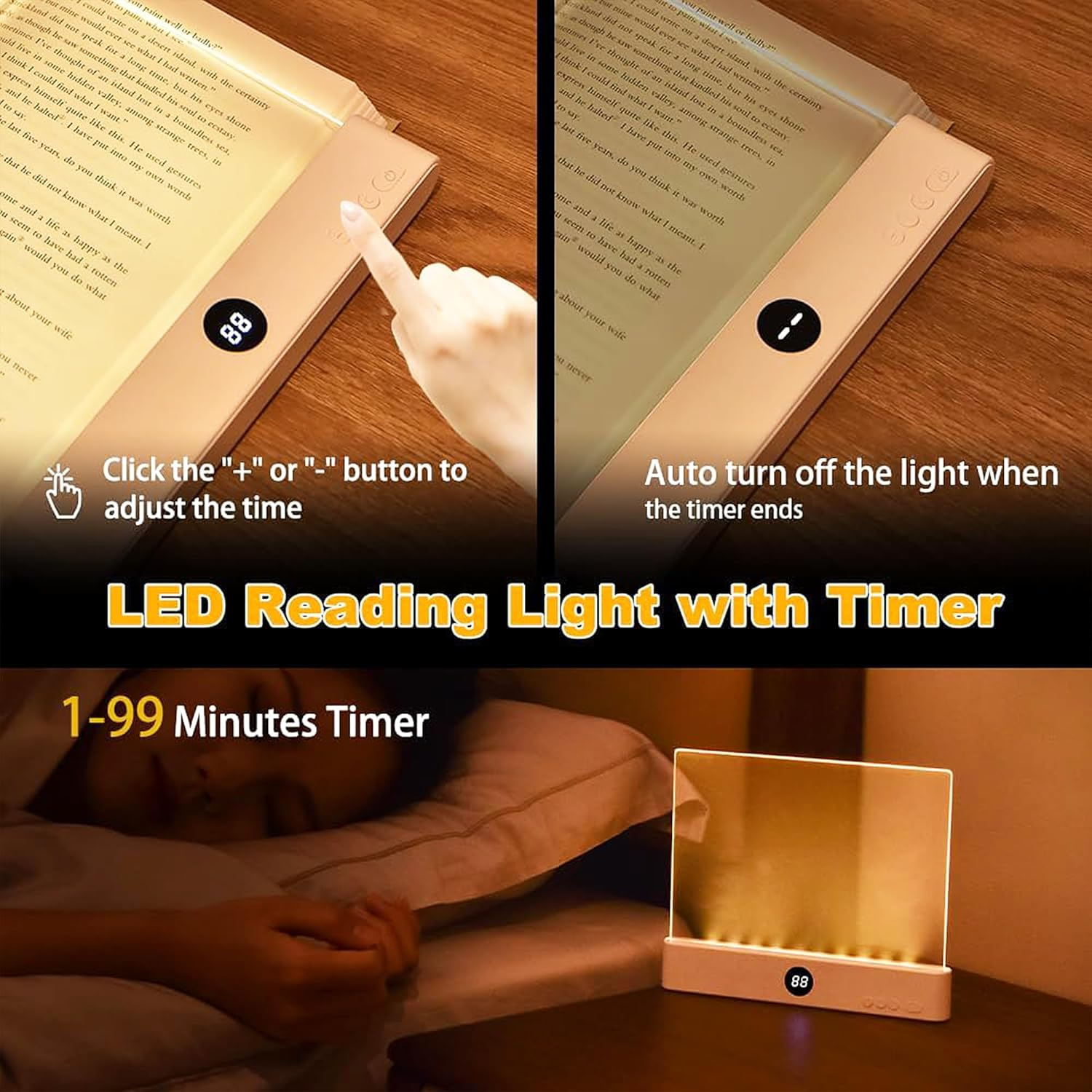 TSWCBYYLB Rechargeable Flat Dimmable Clear Panel LED Book Light with Timer & 3 Colors for Reading in Bed at Night (Pink)