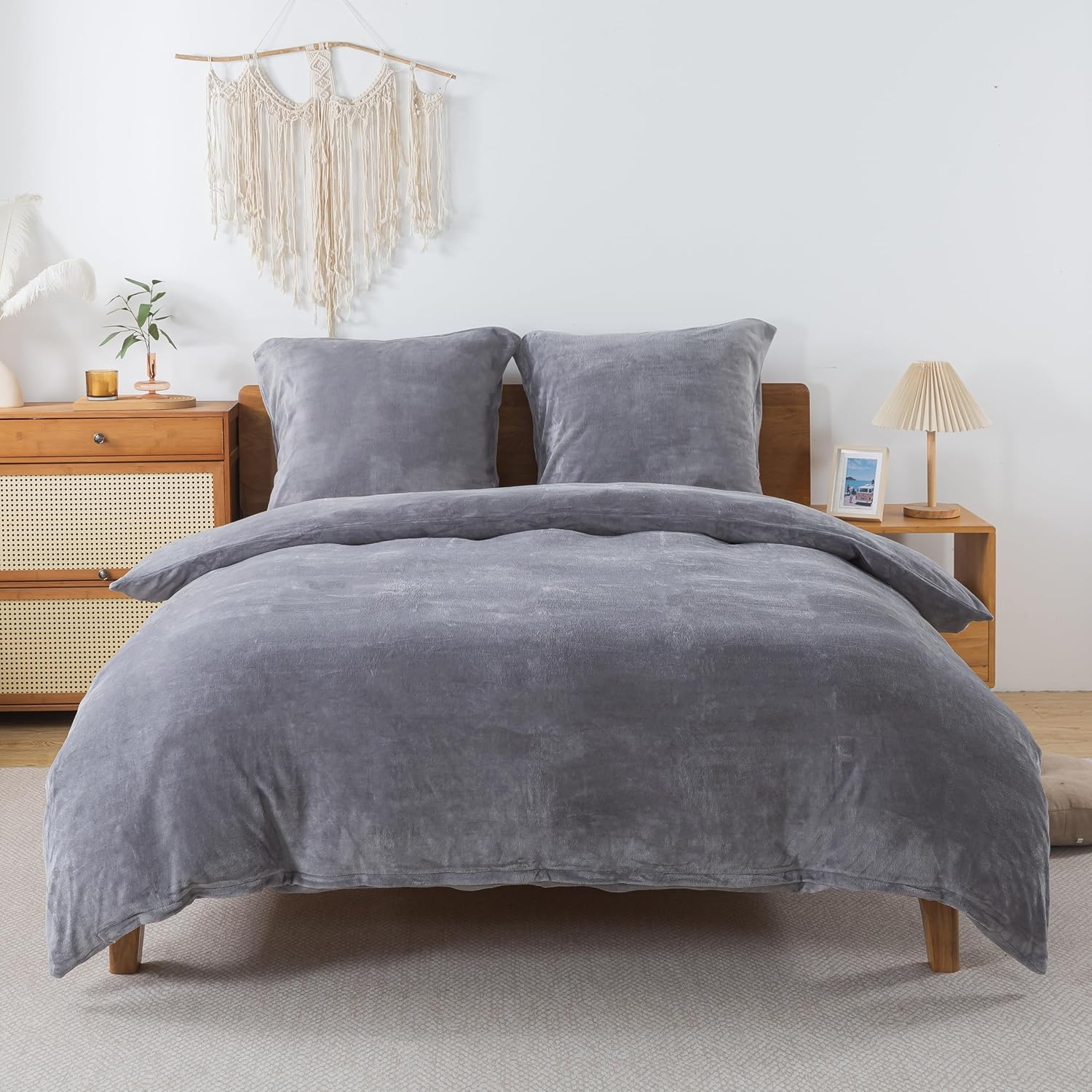 Rongrongin Fluffy Bed Linen 155 X 220 Cm Grey - Autumn Winter Duvet Cover Fleece with 1 Pillowcase 80 X 80 Cm, Warm Soft Cuddly Bedding Set with Zip, Winter Bedding for Single Bed