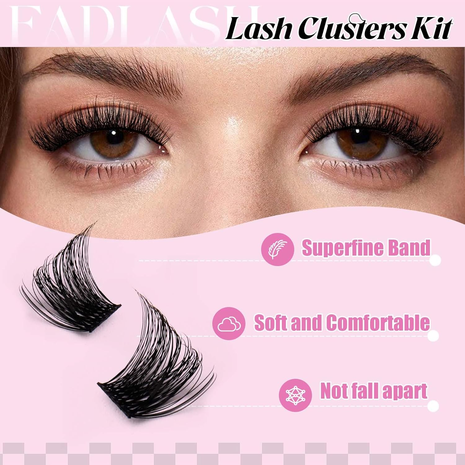 FADLASH Lash Clusters Kit DIY Lashes Extension Kit D Curl 0.07 Wispy Natural Eyelash Extension Clusters with Lash Bond and Seal Lashes Tweezer for Self Application(F32-0.07D, 8-16Mm) image number 6