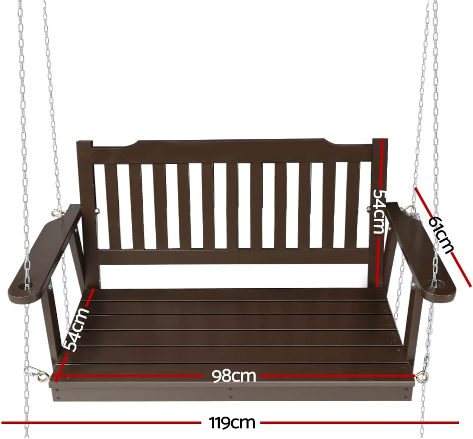 Gardeon Outdoor Porch Swing Chair Wooden 2 Seater Brown Garden Bench Hanging Seat, Patio Baconly Furniture Chairs, with Metal Chains Water Resistant 300Kg Capacity image number 6