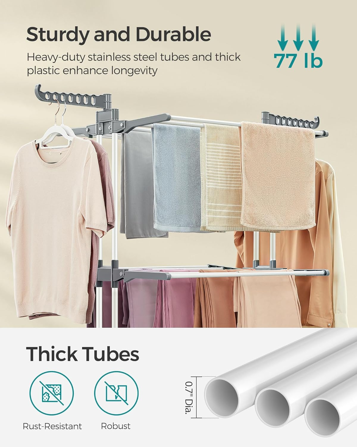 SONGMICS Clothes Drying Rack Stand 4-Tier, Foldable Laundry Drying Rack 67.7-Inch Tall, Stainless Steel, Rolling Clothes Horses Dryer Rack, Easy to Assemble, Indoor Outdoor Use, White ULLR701W01 image number 3