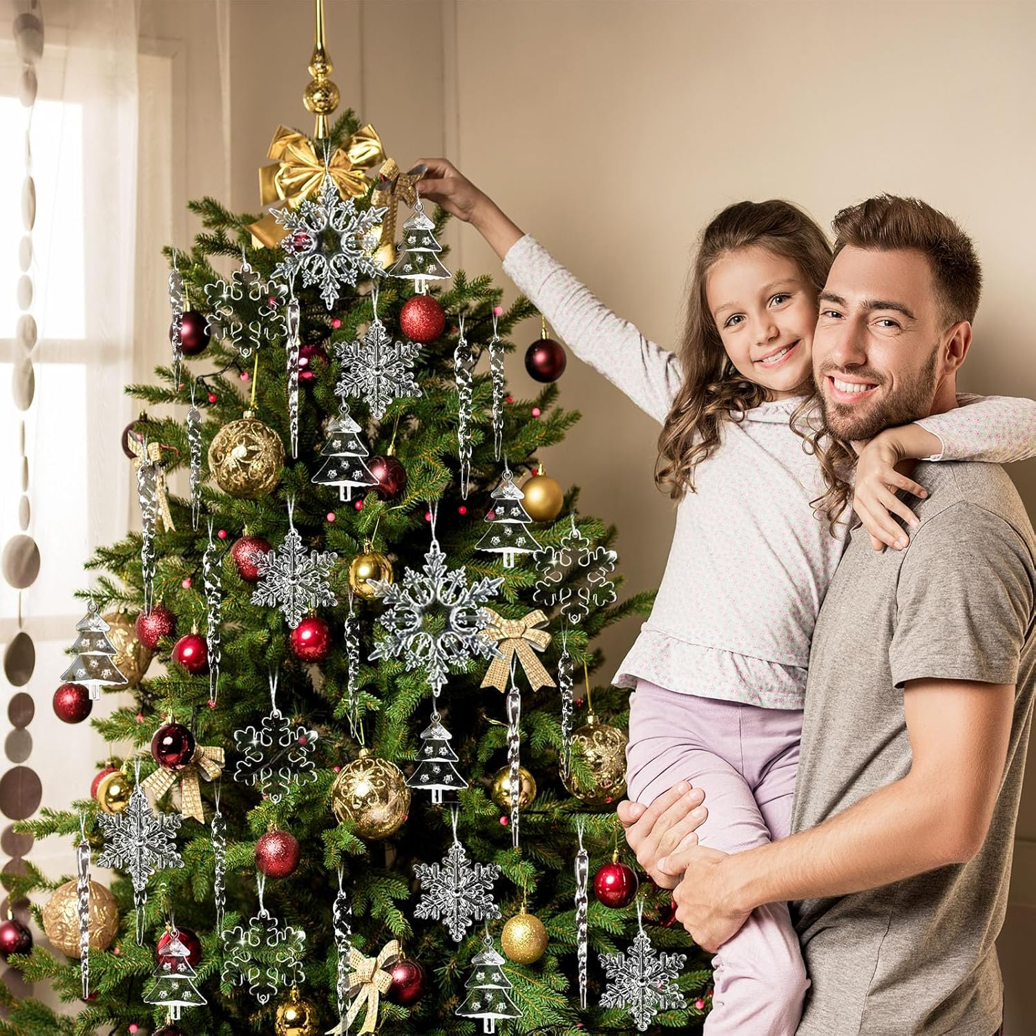 24Pcs Crystal Christmas Tree Ornaments, Decorations Hanging Acrylic Snowflake and Icicle Ornaments with Drop Pendants for Christmas Tree Party Decorations，Winter Wonderland image number 2