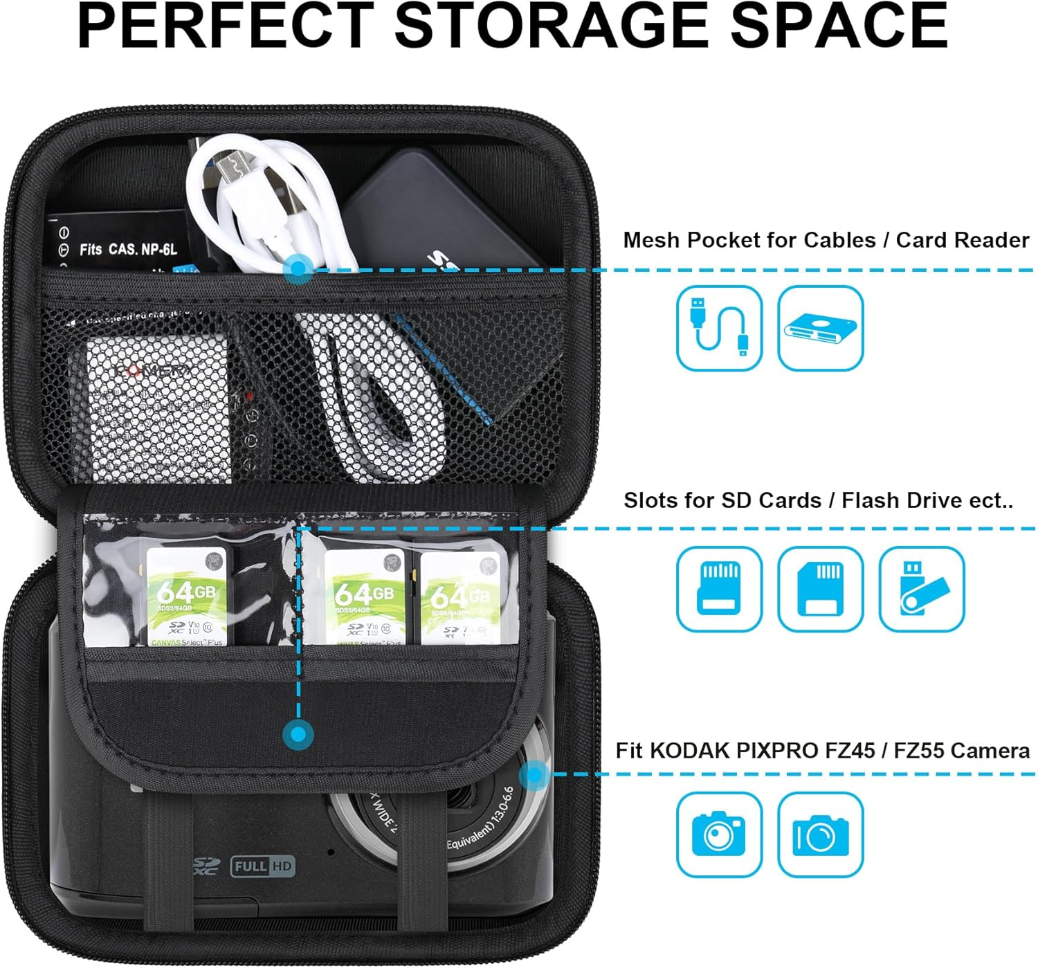 Lacdo Camera Case Compatible with KODAK PIXPRO FZ45 / FZ55 / FZ53 / FZ43 16MP Vlogging Digital Camera, Hard EVA Protective Camera Storage Trave Bag, Mesh Pocket Fit Batteries, USB Cable, SD Card,Black - Pink image number 6