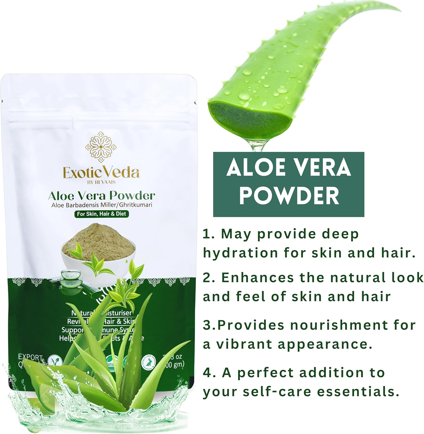 Exotic Veda Pure Aloe Vera Powder - Helps Nourish Scalp, Boost Hair Growth, Aids in Skin Dryness, Cuts, Sunburns, Natural Herbal Supplement for Skin & Hair Care (100G) image number 2