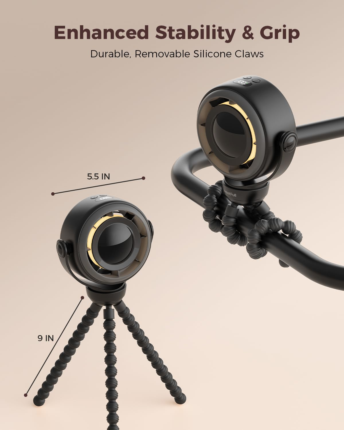 SWEETFULL Portable Pram Fan, 4 Speed Baby Stroller Fan, 360&deg; Rotate Clip on Fan with LED Display & Night Light, 4000Mah Rechargeable Quiet Mini Safe Fan for Desk, Car Seat, Hand, Travel, Black