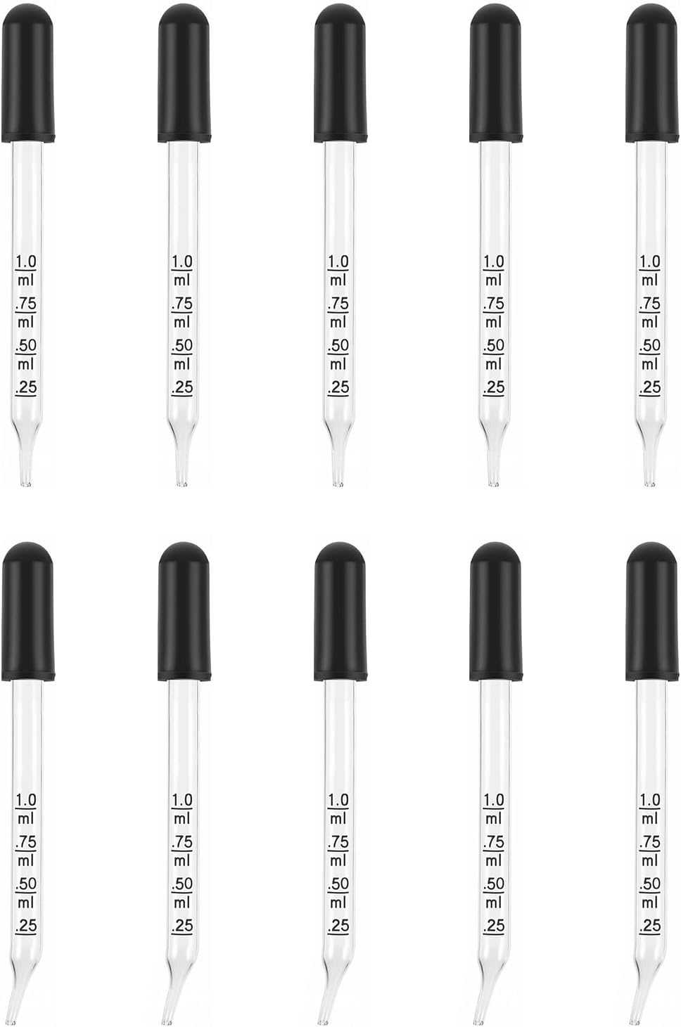 10 Pack Glass Droppers Set, 1Ml Pipettes with Natural Rubber Bulbs, Straight & Elbow Tip Calibrated Droppers for Essential Oils Science Labs Skincare Formulating