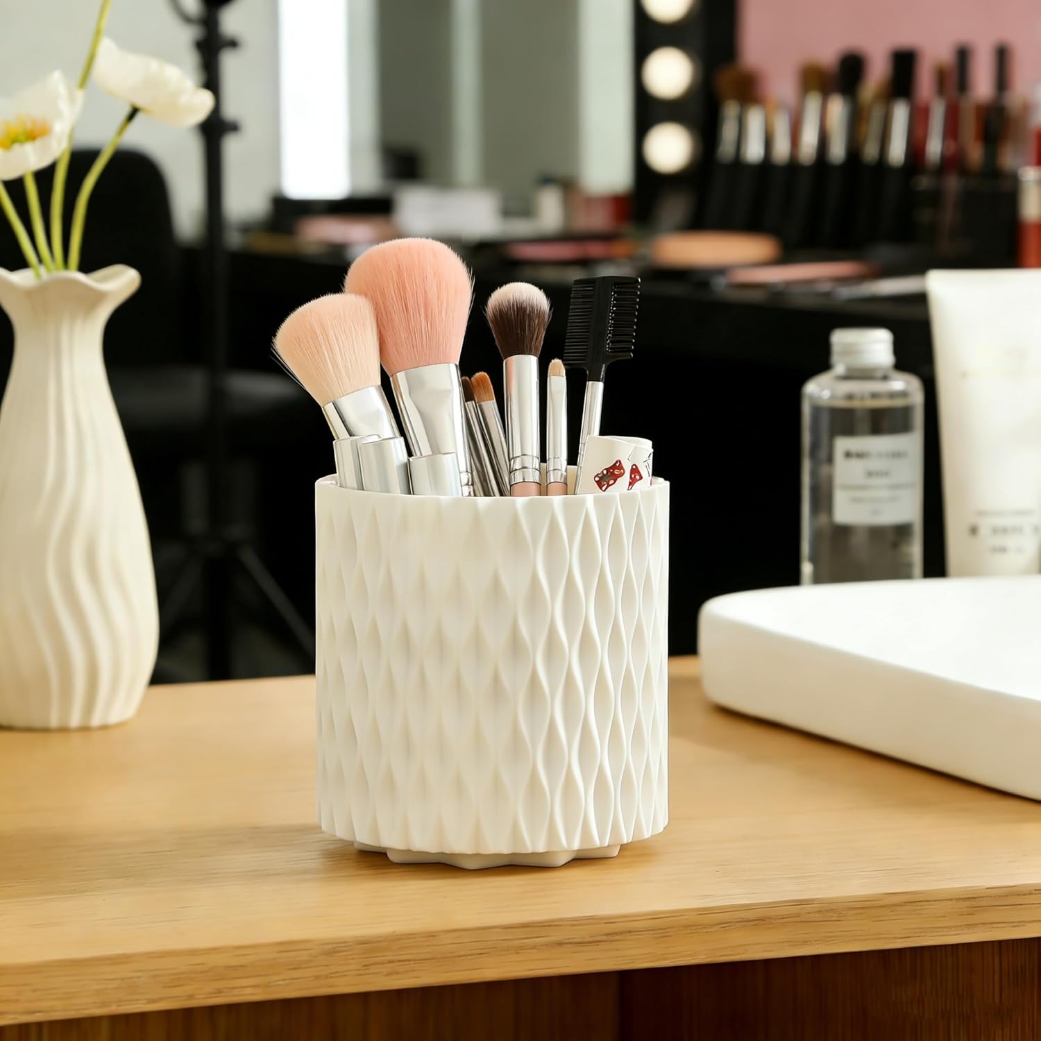 Makeup Brush Holder Organiser, Rotating Make up Brushes Storage Container, Cosmetics Storage Organizer Holders with 5 Compartment for Vanity Desktop Bathroom Countertop image number 2