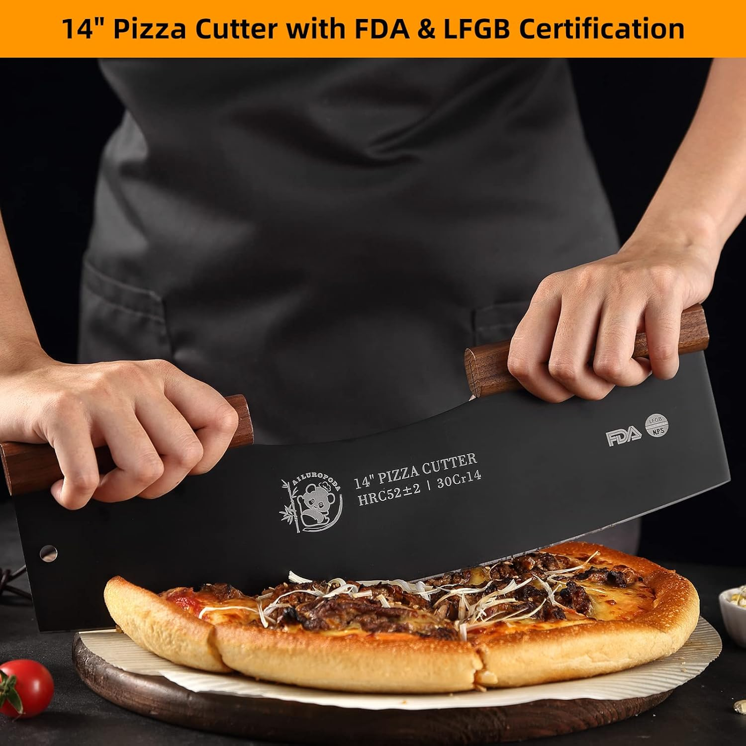 AILUROPODA Pizza Cutter 14" Large Blade Rocker Very Sharp Pizza Slicer 30Cr14 Stainless Steel Pizza Knife with Comfort Grip Walnut Handle and Protective Cover(Black) image number 2