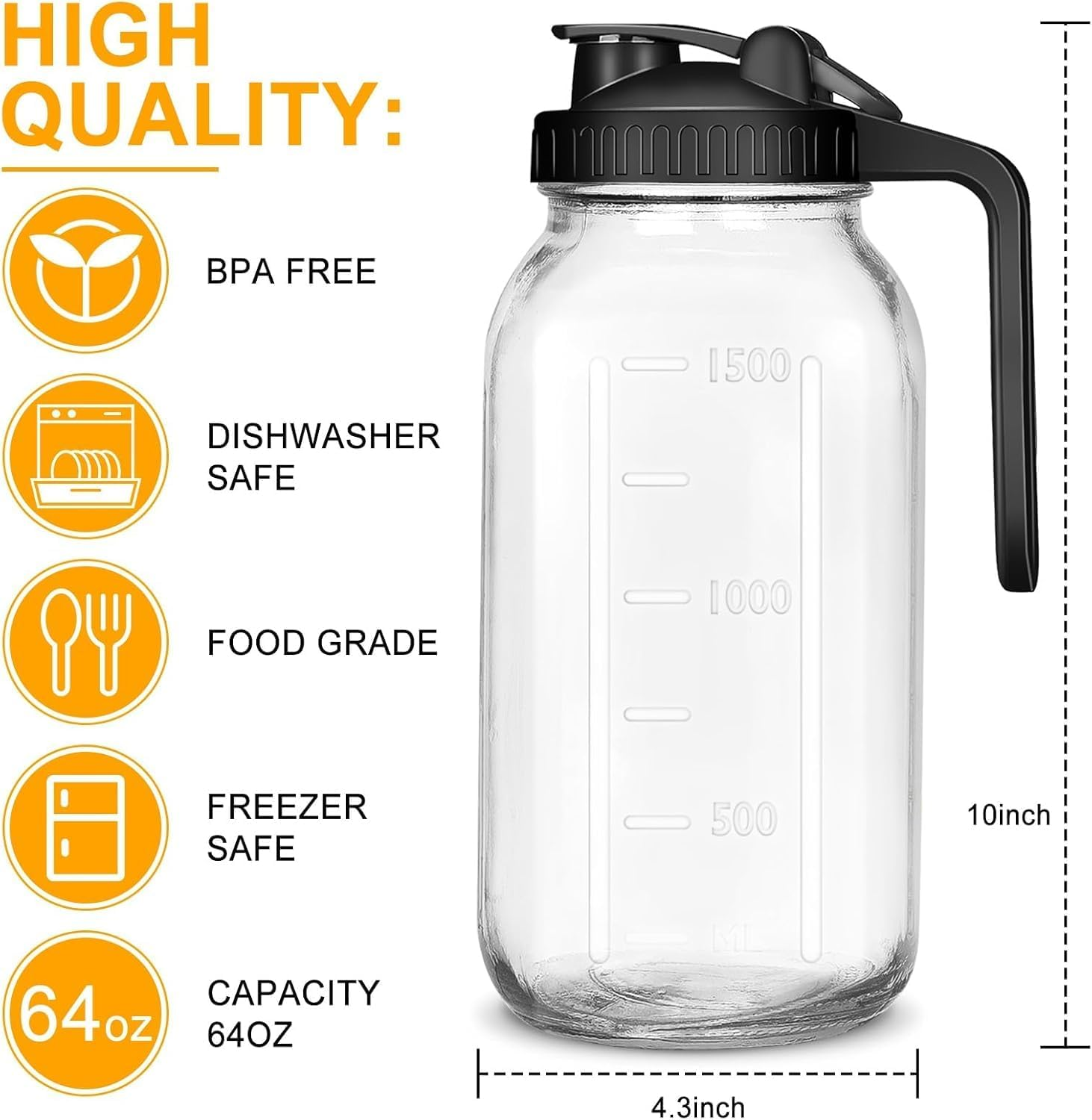Mason Jar Pitcher,64Oz/2 Quart Wide Mouth Glass Pitcher with Airtight Seal Lid and Spout,Ice Tea Pitcher Nice for Milk, Cold Brew Coffee,Iced Tea,Fruit Tea image number 2