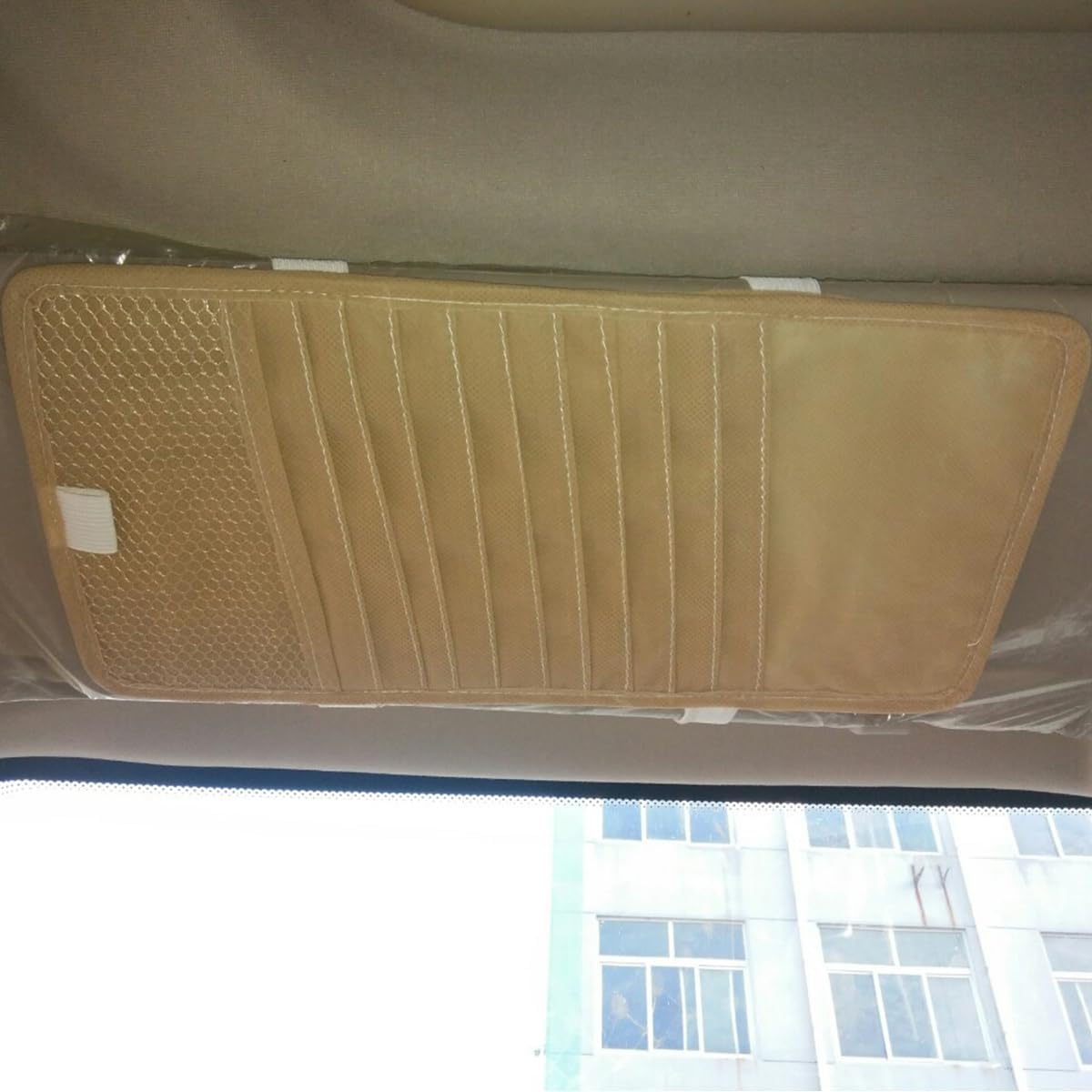 Car CD Holder Storage Case,Cd Case Holder for Car,Khaki Large Capacity CD Visor Case,Car Truck SUV Visor Organizer with 10 DVD Storage Sleeves 1 Mesh Pocket 1 Pen Holder Elastic Strap image number 1