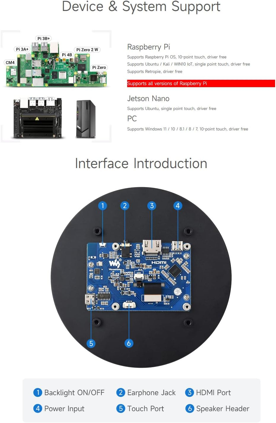 Waveshare 5Inch HDMI Circular Touch Display, 1080&times;1080 Resolution, IPS, Compatible with Raspberry Pi 4B/3B+/3B Etc., Support Jetson Nano/Pc image number 2