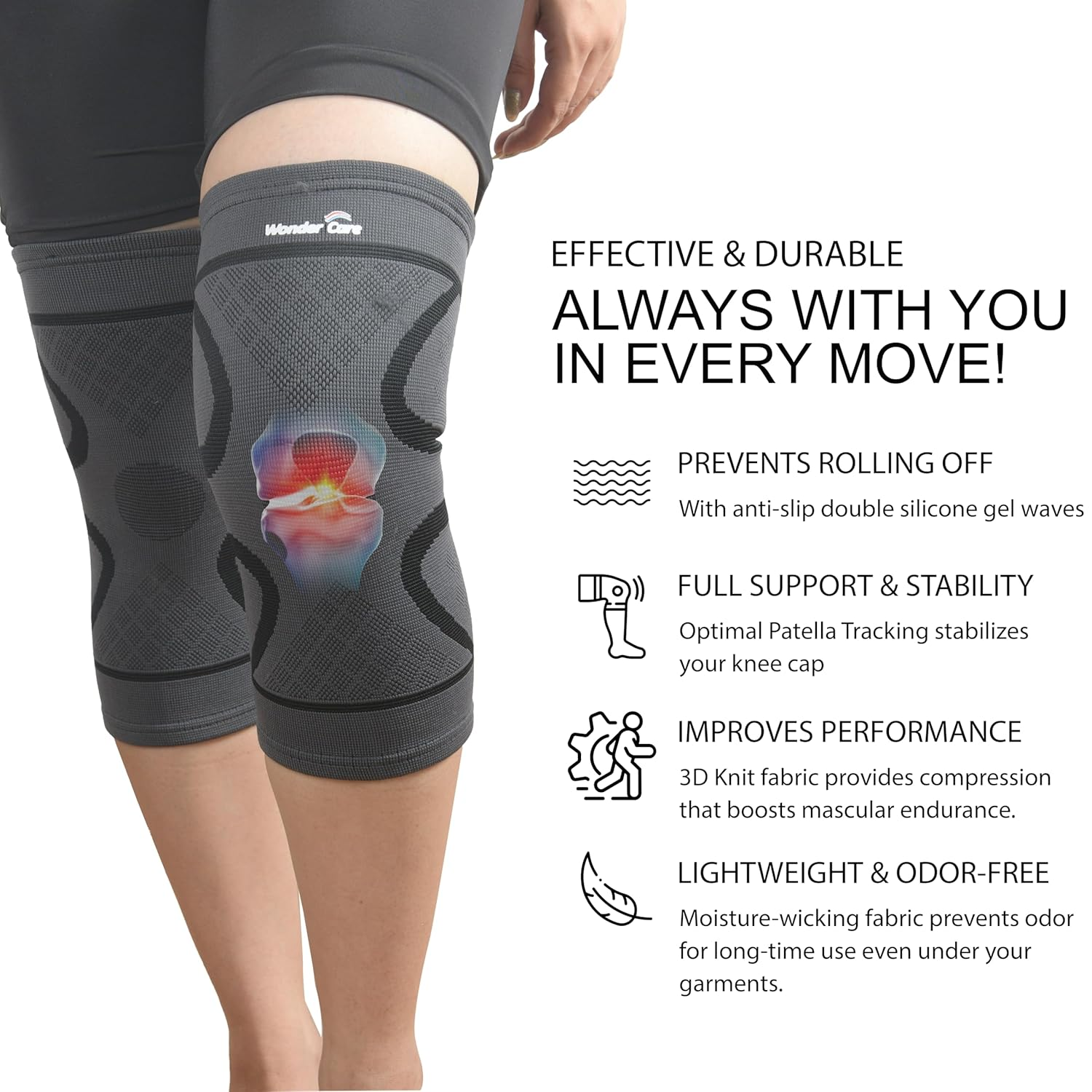 Wonder Care Pack of 2 Knee Sleeve Compression Knee Brace for Men and Women Knee Support Running Workout Gym Hiking Sports Running Gym (Grey-Black-S) image number 2