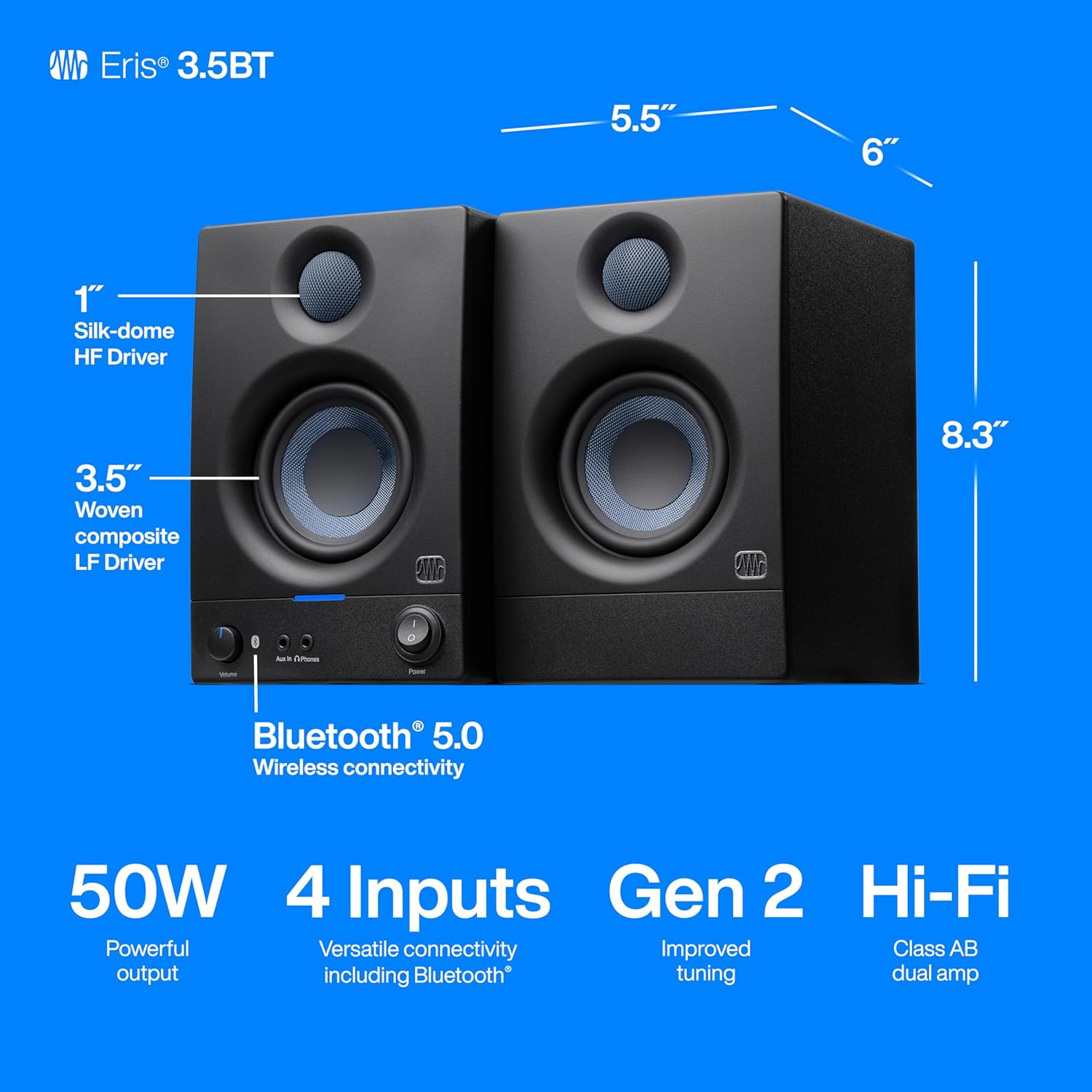 Presonus Eris 3.5BT Bluetooth Studio Monitors, Pair &mdash; Powered, Active Monitor Speakers for Desktop, Turntable, Record Player, Bookshelf, DJ Speakers image number 5