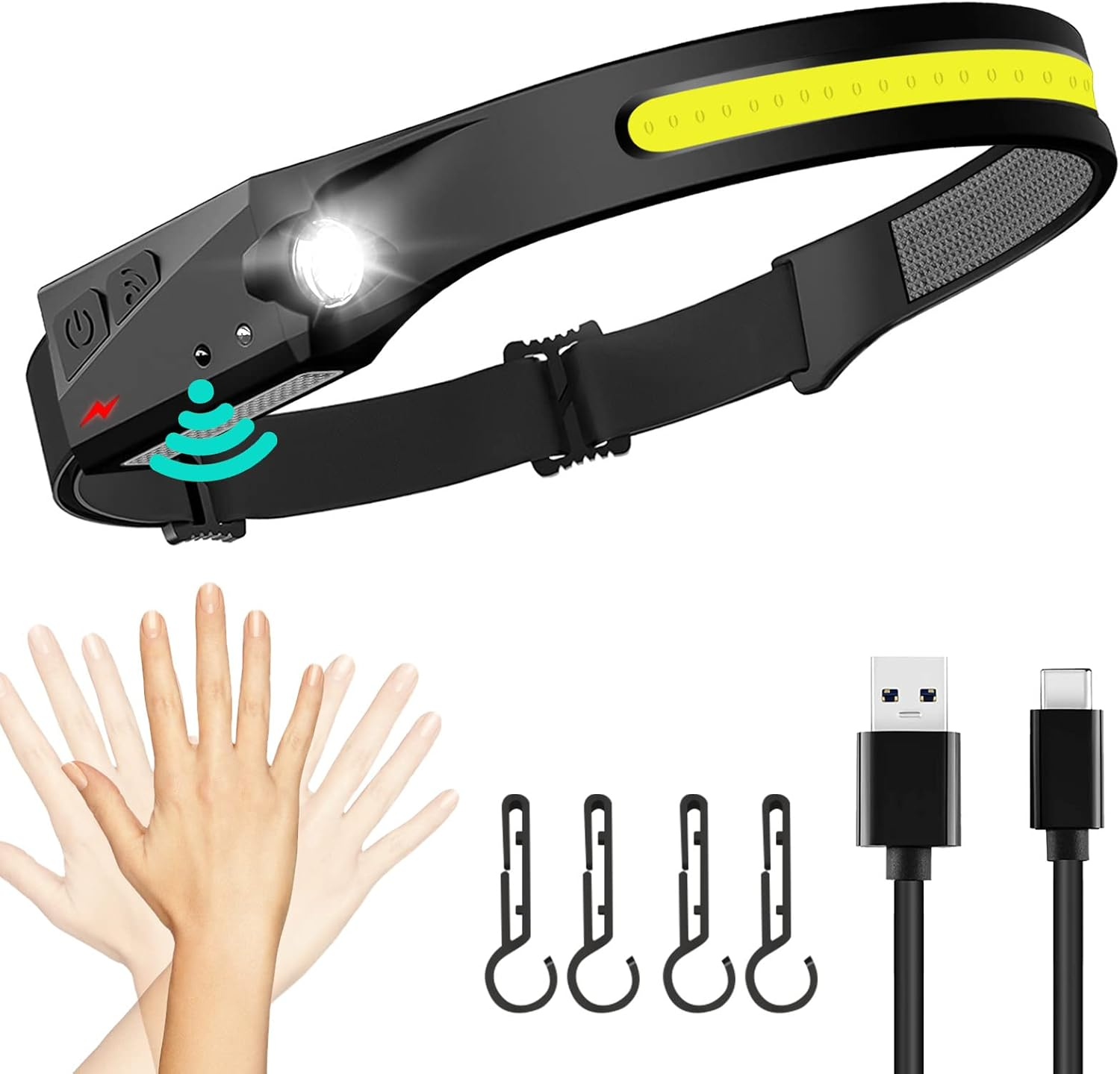 FBKK LED Headlamp Rechargeable, 230&deg;Wide Beam Headlight with Motion Sensor, Waterproof Lightweight Head Lamp Flashlight for Camping, Hiking, Running, Outdoor for Adults and Kids image number 1