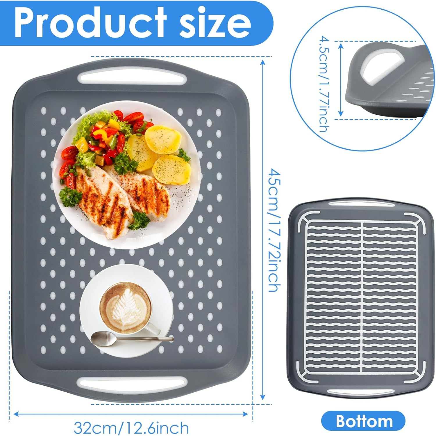 2Pcs Non-Slip Food Serving Tray with Handle 17.7&times;12.6 Inch Rectangle Gripping Nubs Food Trays Shatterproof Plastic Dinner Trays Non-Stick Food Platter Dishwasher Safe Lap Trays for Home Kitchen ... image number 1