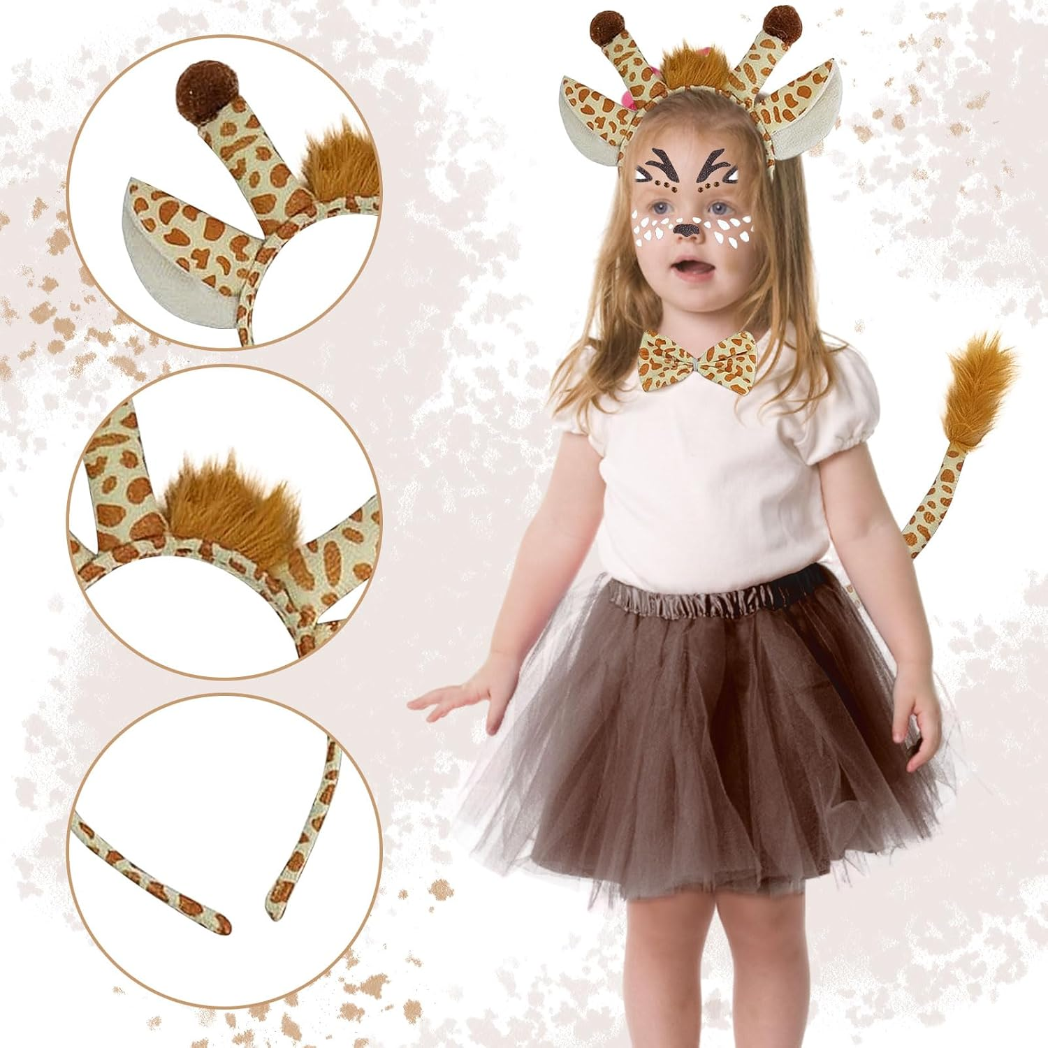 SAIIURV 5 Pieces Giraffe Headband Costume, Halloween Deer Ears Headband Bowtie Tail Deer Face Tattoo Stickers Girls Princess Tutu Skirt, Animal Costume Party Fancy Dress up for Kids Girls image number 5
