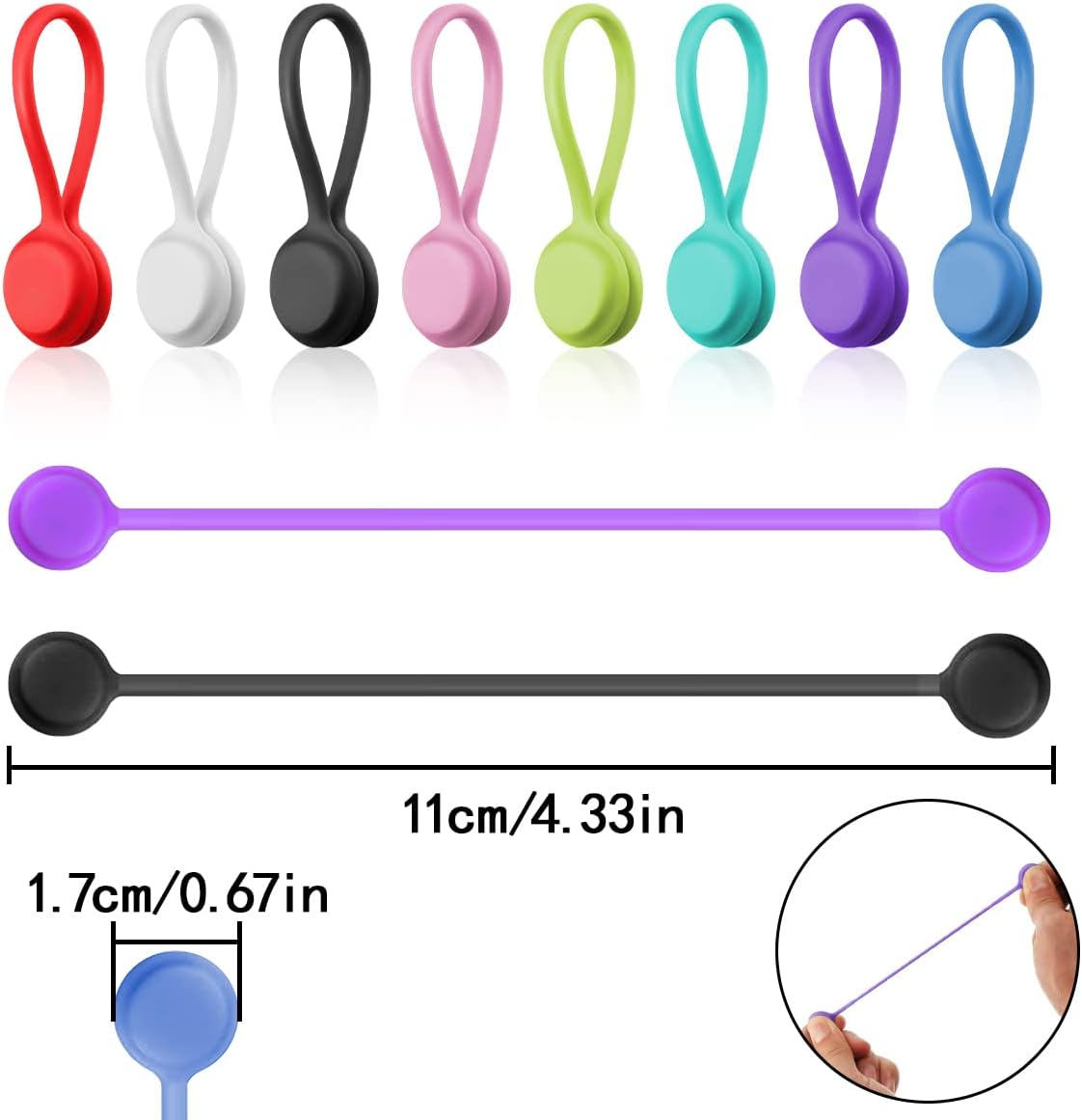 HAIKING Silicone Cable Ties, 8 Pcs Reusable Magnetic Straps Wire Organizer for Bundling and Organizing Cables, Hanging & Holding Keychain, Headphone Cables (8 Colors) image number 3
