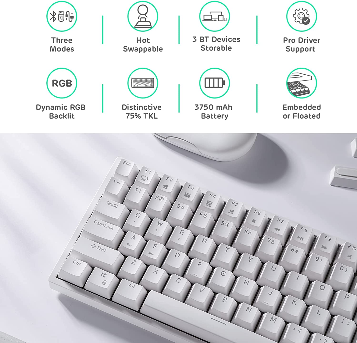 RK ROYAL KLUDGE RK84 Wireless Bluetooth/2.4Ghz 75% RGB Mechanical Gaming Keyboard, Three Modes Connectable Keyboard with Hot-Swappable Quiet Red Switch White