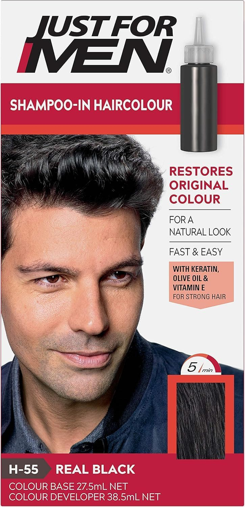 Just for Men Shampoo-In Colour, Grey Hair Dye for Men, Various Shades, Restores Original Colour for a Natural Look - Real Black, H-55 image number 6
