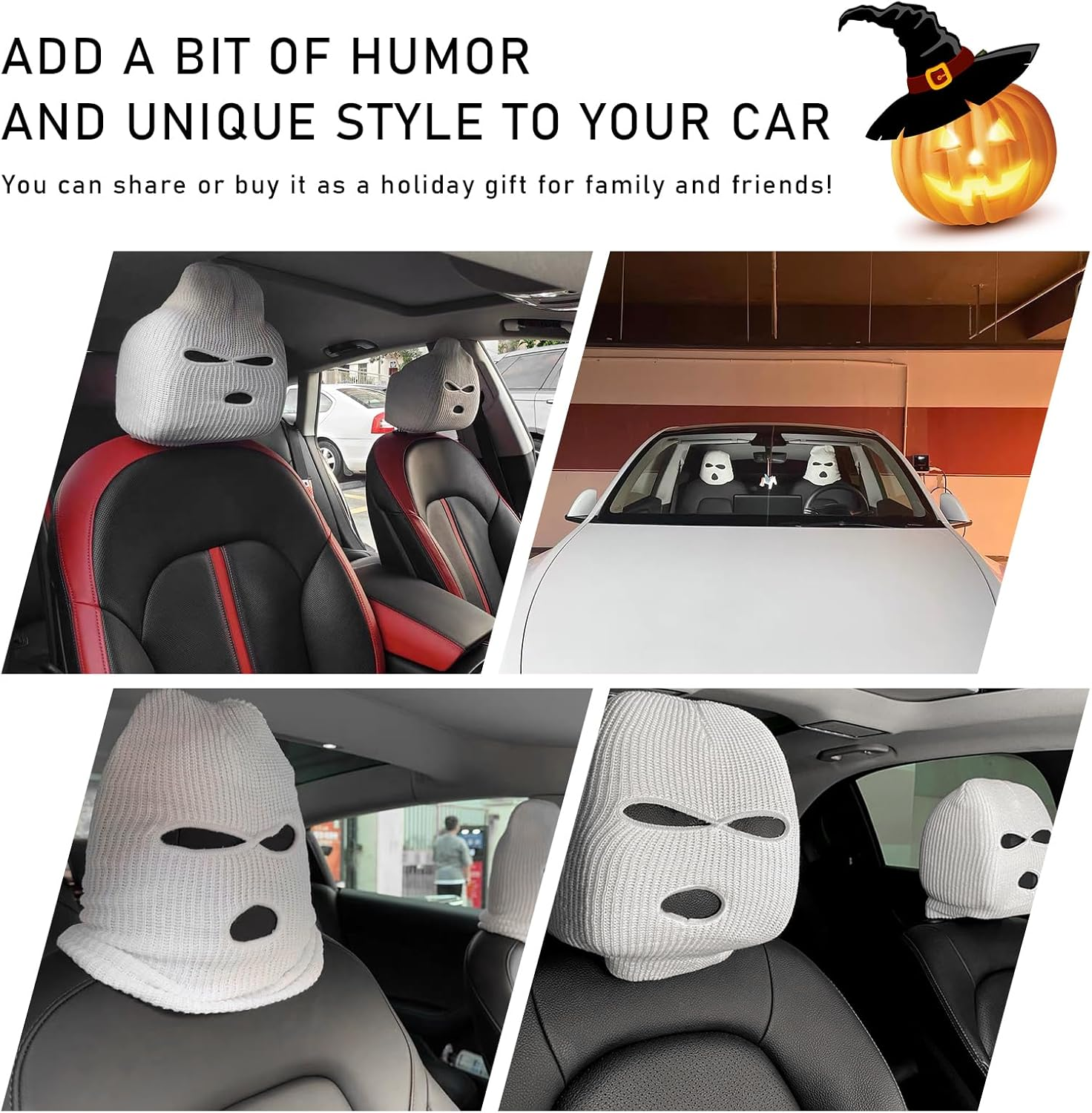 Yourkar 2 PCS Car Headrest Cover, Personalized Funny Hat for Car Seat Head Cover, Full Face Mask Design Headrest Protector for Car, Van, Truck, SUV, Universal Car Accessories (Black) - Black image number 1