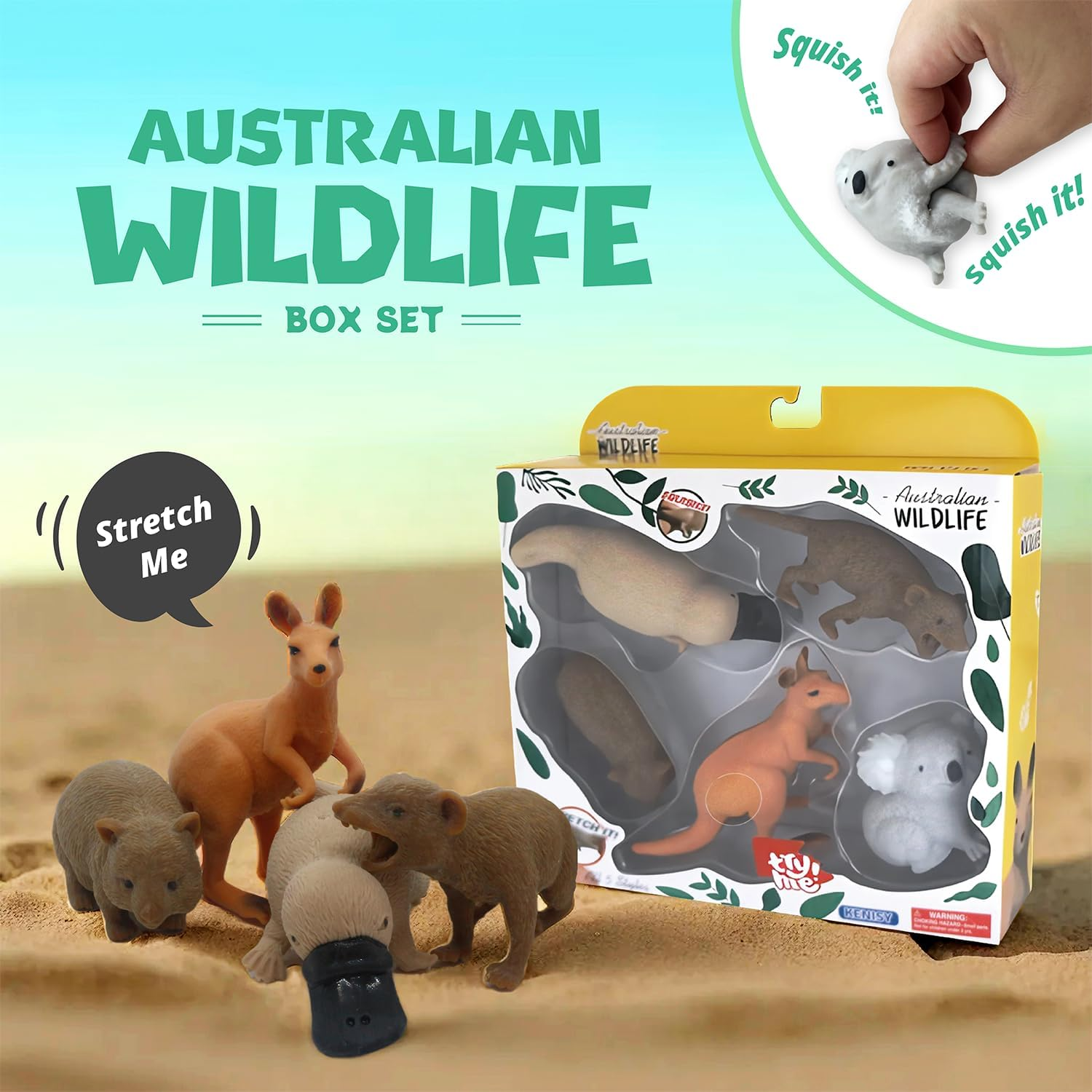 Australian Wild Animal Soft Stretchy Toys Box Set, Pack of 5 Wildlife Koala Kangaroo Platypus Tasmanian Devil Wombat Pretend Play Fidget Toy, Ideal Kid Sensory Stress Relief Australia Souvenir Gifts image number 2