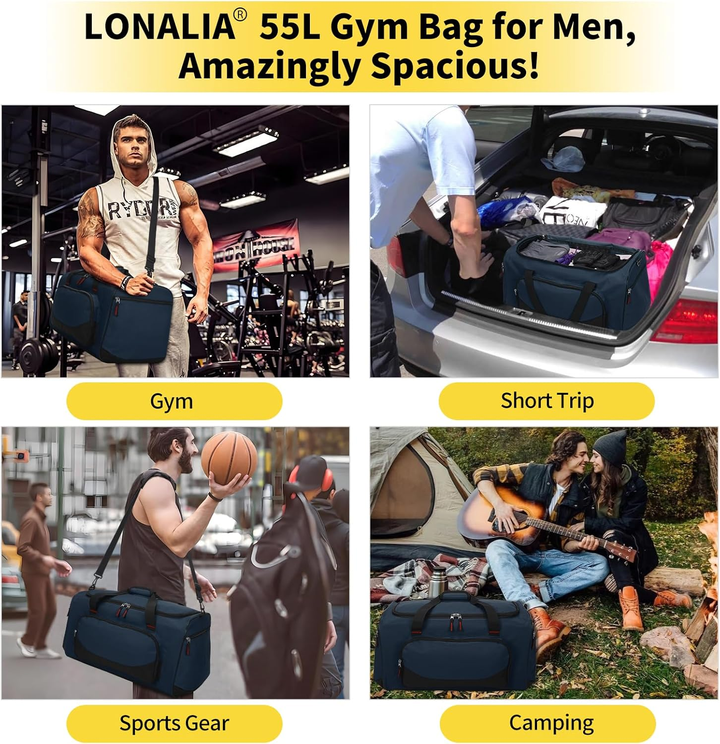 LONALIA 55L Large Gym Sports Duffle Bag for Men, Navy Blue, Sports Holdall Bags 22 Inch, LONALIA 55L Sports Holdall Bags for Men - Black image number 5