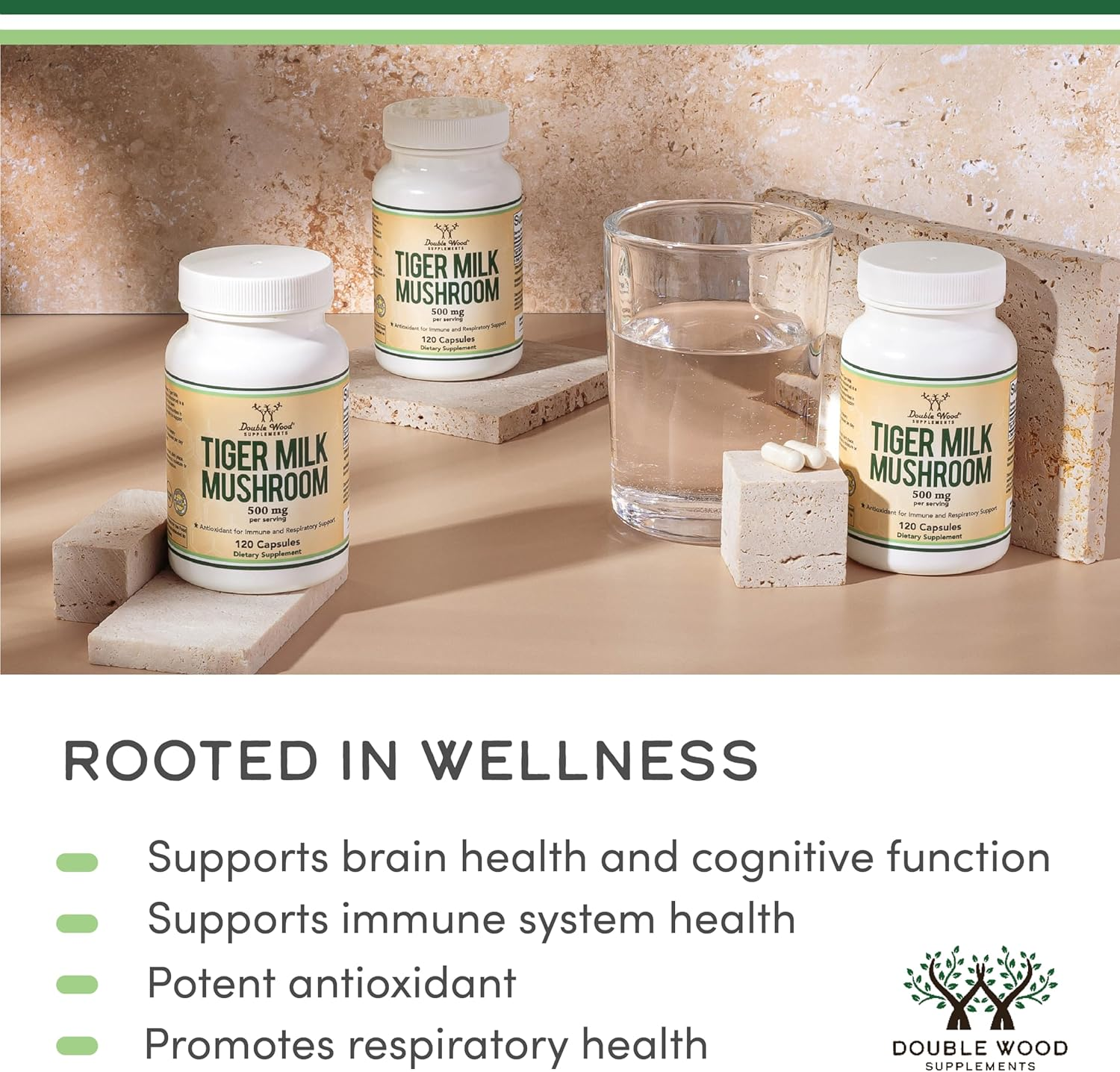 Double Wood Supplements Tigers Milk Mushroom Supplement (Lignosus Fungi) 500Mg per Serving, 120 Capsules (Antioxidant for Respiratory and Lung Health Support) Vegan Safe, Non-Gmo image number 1